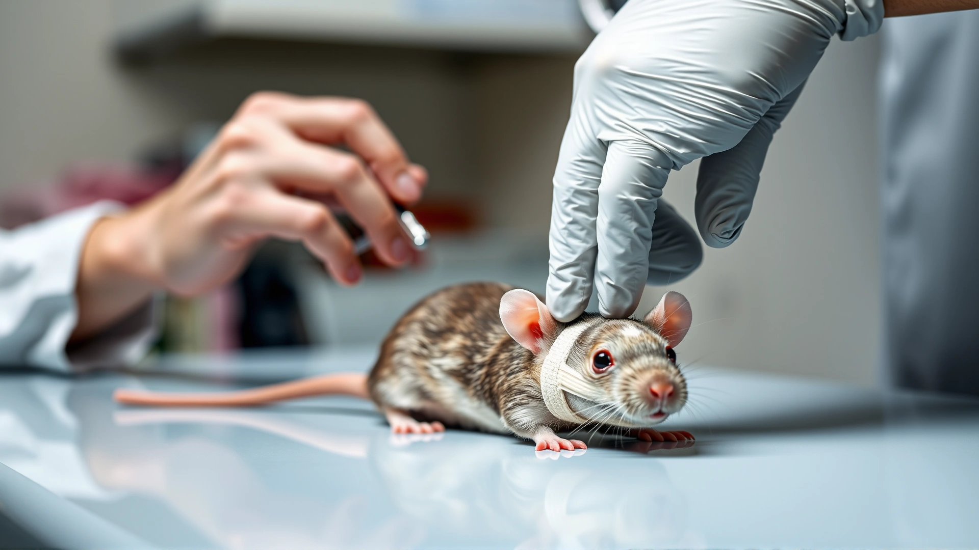 Veterinarian cleaning and bandaging an inflamed foot of a pet rat on an examination table, focus on hands and foot, blurred background.