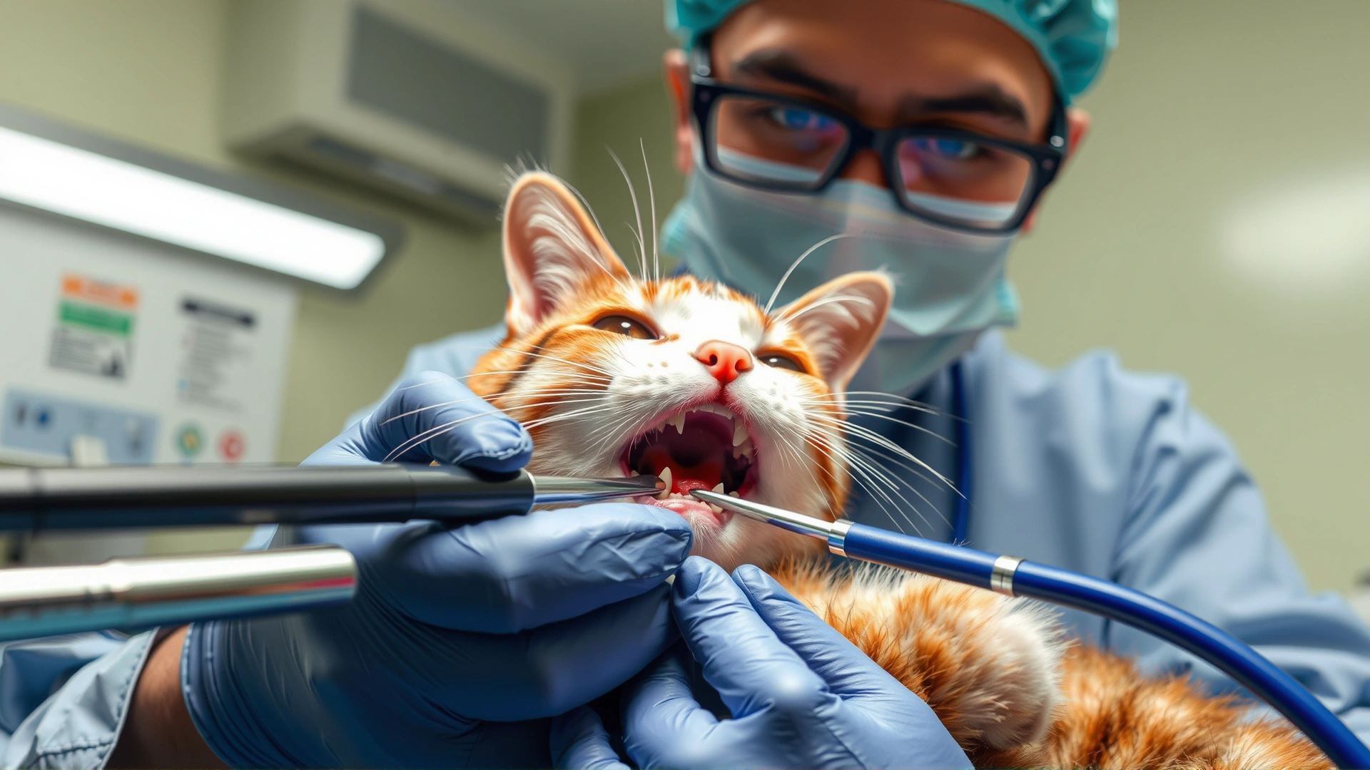 Veterinarian performing a tooth extraction on a sedated cat, surgical instruments visible, sterile environment