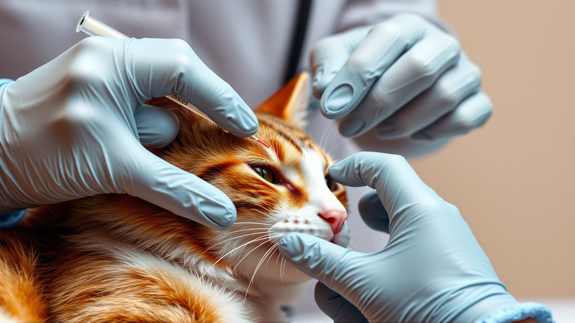 Clinical close-up showing a veterinarian’s gloved hands administering an injection to a calm mother cat, illustrating medical treatment. No text.