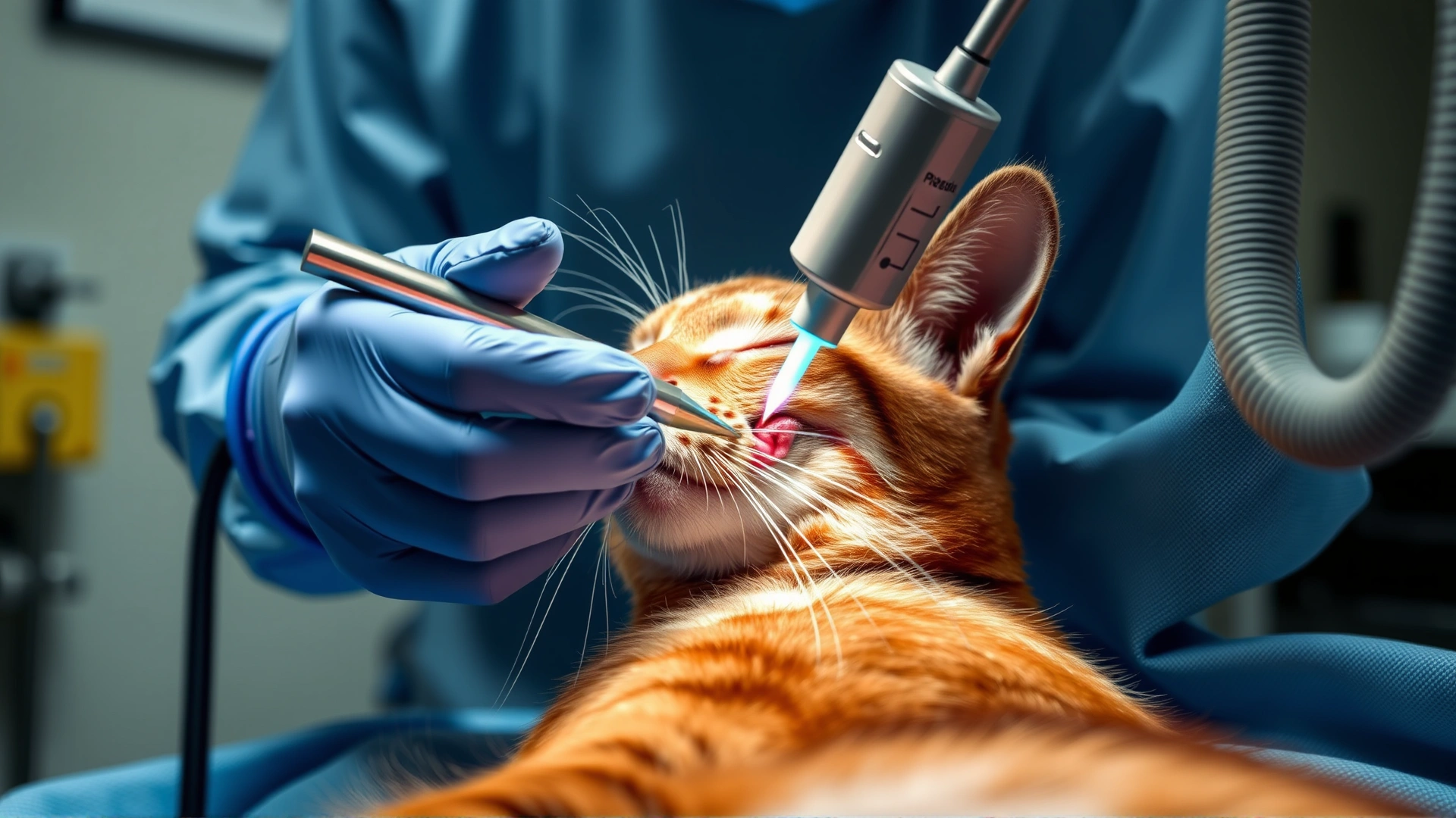 Side view of a veterinary surgeon performing laser removal of a small wart on a sedated cat, sterile operating room, calm atmosphere.