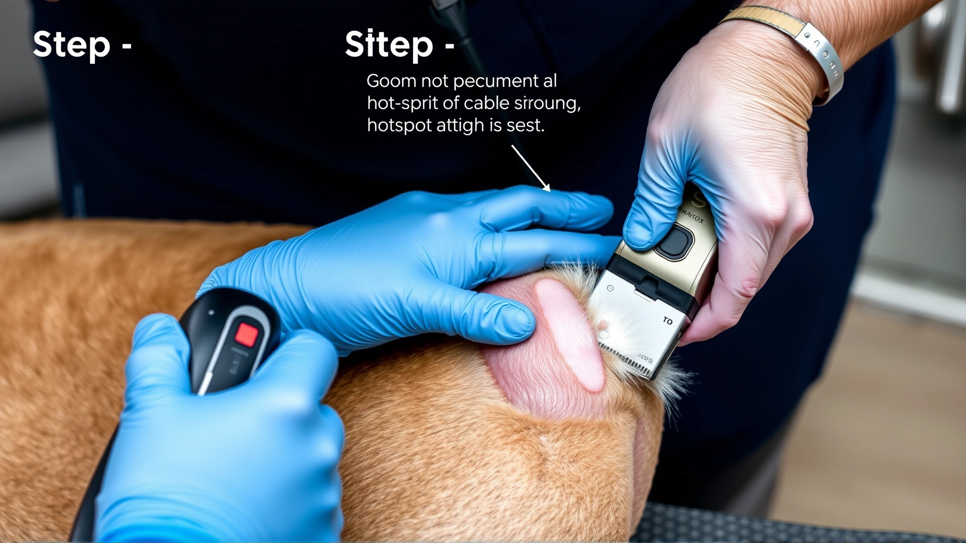 Step-by-step style image of a groomer clipping fur around a hotspot on a dog’s thigh using electric clippers, clear focus on tools and shaved area.