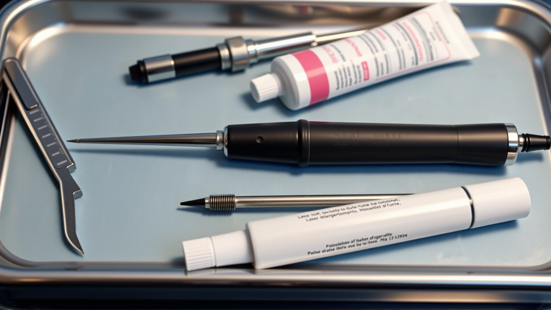 Series of treatment tools laid out on a sterile surgical tray—scalpel, cryotherapy probe, topical ointment tube and laser handpiece—veterinary context, no text.