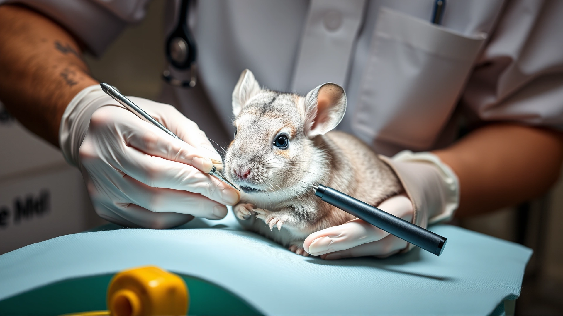 Veterinarian performing a minor surgical procedure on a chinchilla abscess using sterile instruments, focus on hands and chinchilla, clinic background, high-resolution