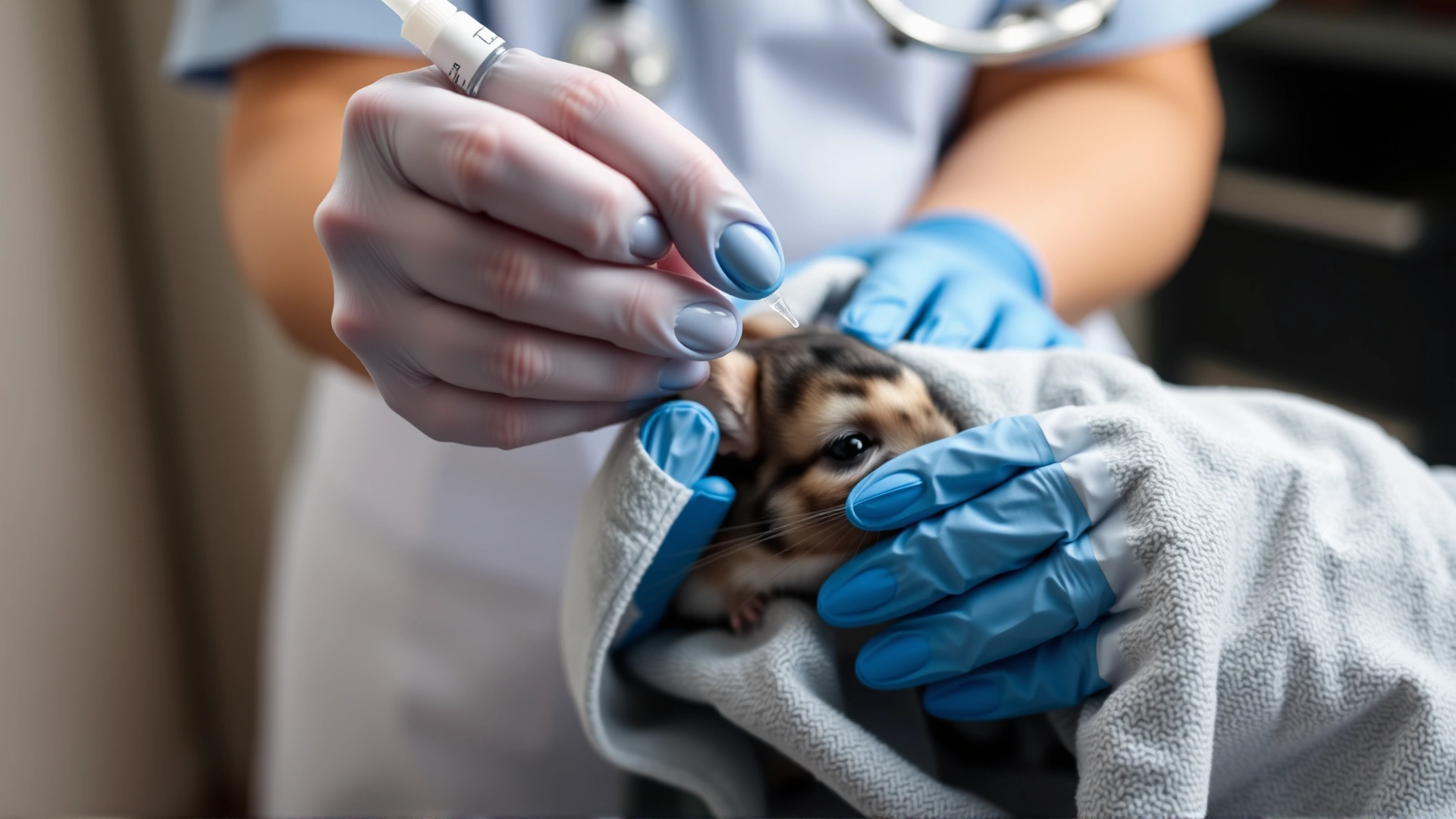 Veterinarian applying ear drops to a calm chinchilla wrapped in a towel, hands wearing blue gloves, clinic setting