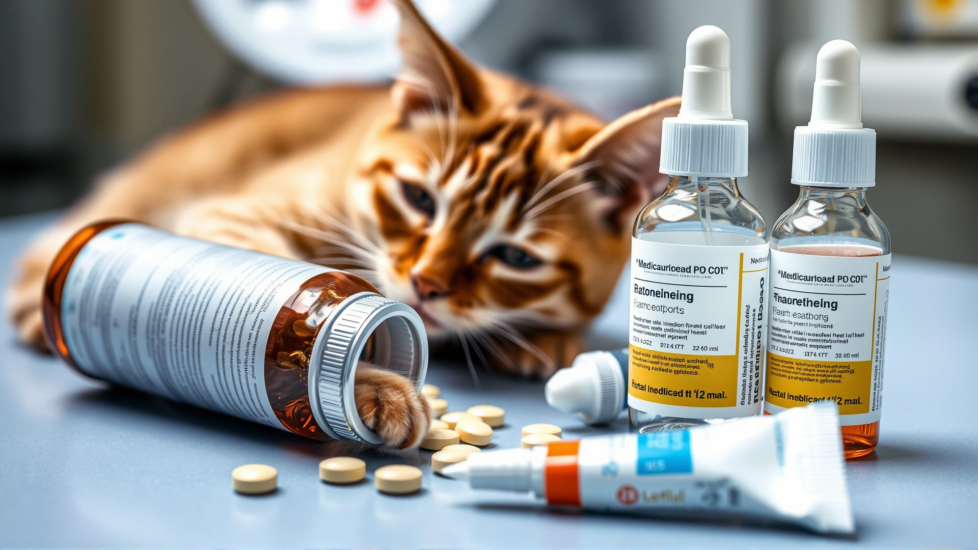An assortment of cat-specific treatments: medicated shampoo bottle, antibiotic pills, ear drops and eye ointment arranged neatly on a veterinary table.
