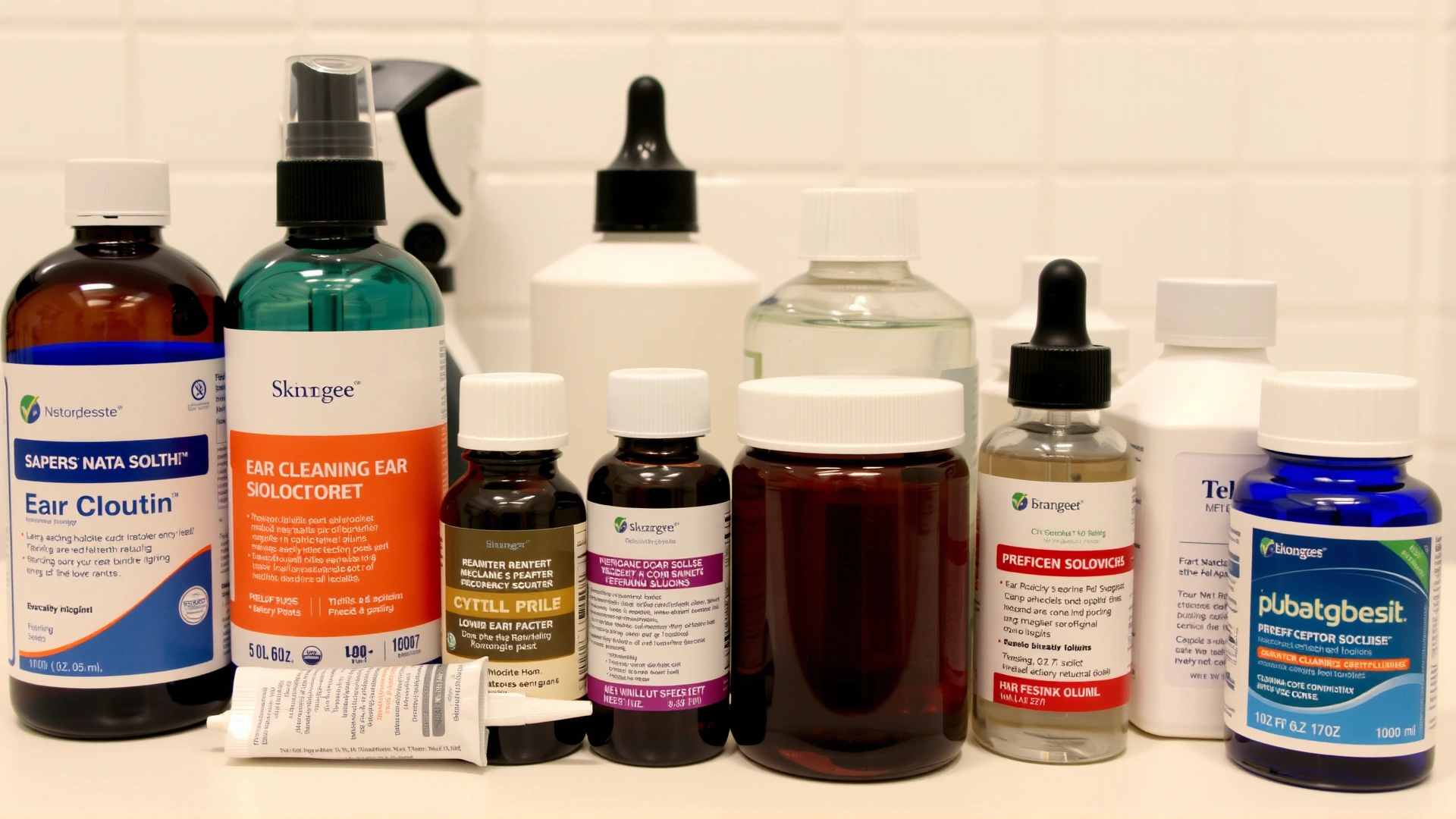 Assortment of veterinary ear cleaning solutions and topical medications neatly arranged on a white counter.