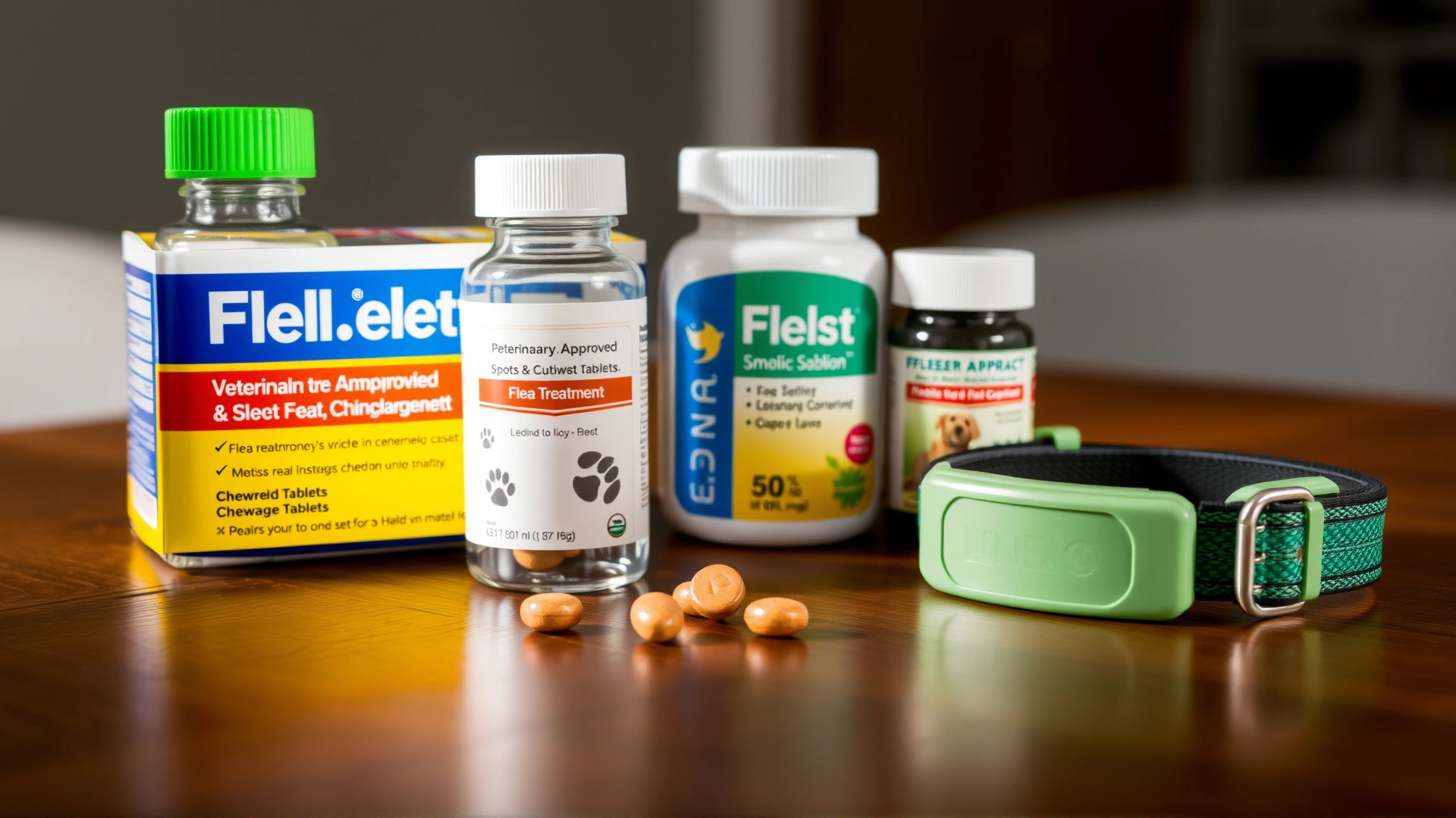 Assortment of veterinarian-approved flea treatment products—spot-on vial, chewable tablet, flea collar—neatly arranged on a wooden table, soft studio lighting