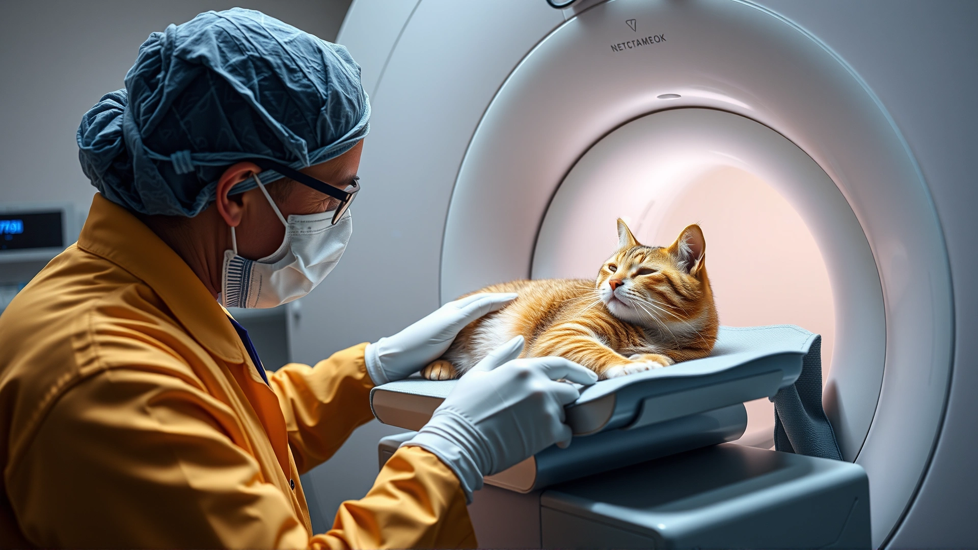 Veterinary technician operating a linear accelerator while a cat lies calmly under light anesthesia, showcasing radiation therapy