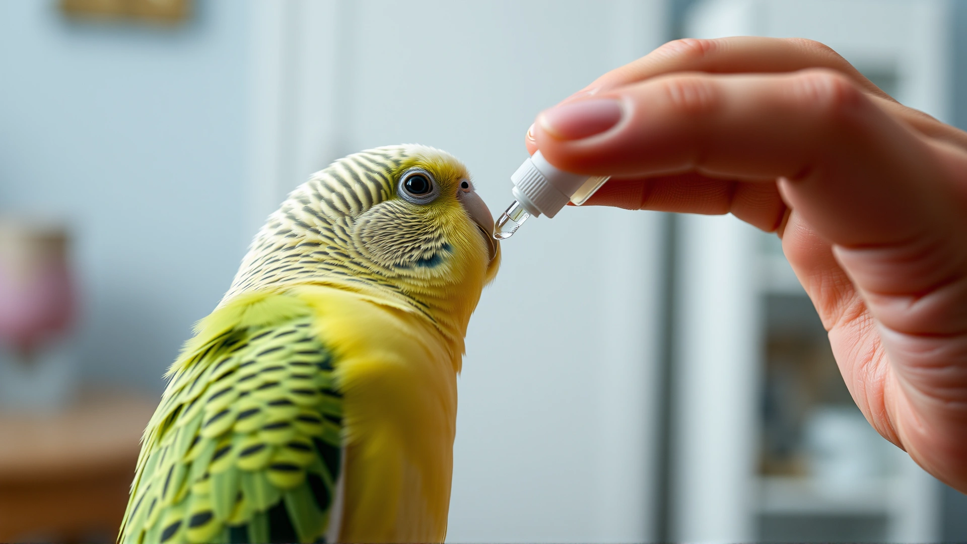 Close-up of a hand applying a small drop of medication to the back of a parakeet’s neck, calm indoor setting.
