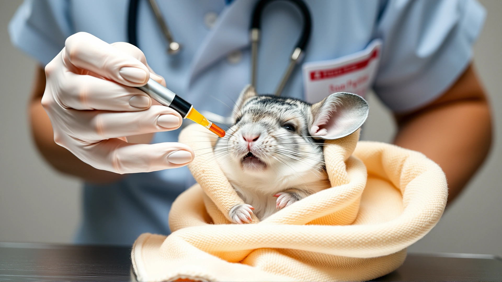 Veterinarian administering oral medication to a calm chinchilla wrapped in a soft towel, clinical setting