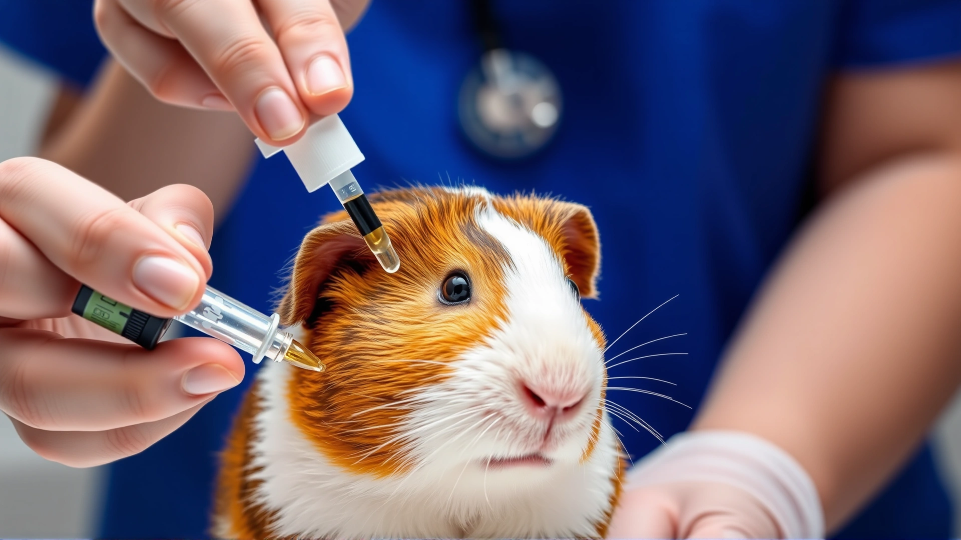 Hand of a veterinarian applying a topical treatment behind the ears of a calm guinea pig, with medicine dropper in focus.