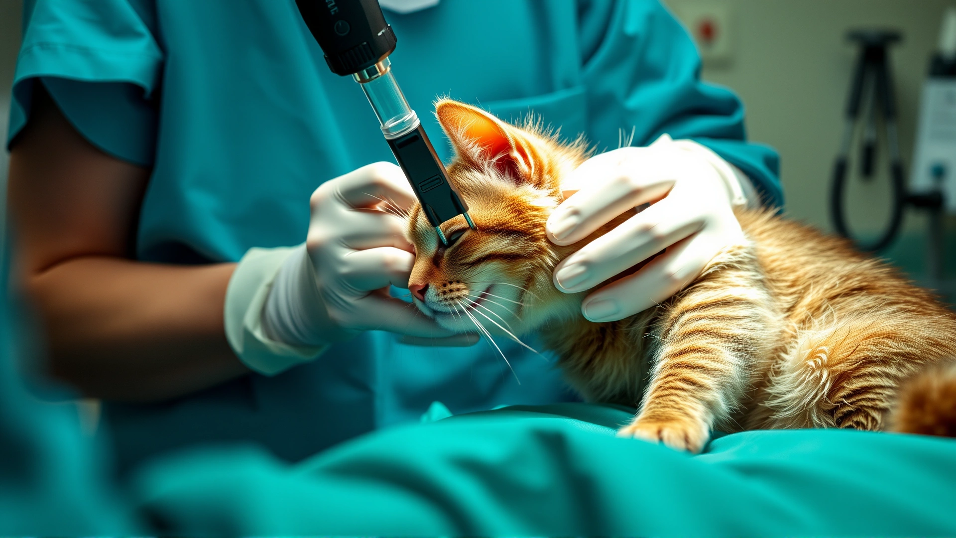 Veterinary surgeon performing an endoscopic procedure on a sedated cat in a sterile operating room, medical team assisting.