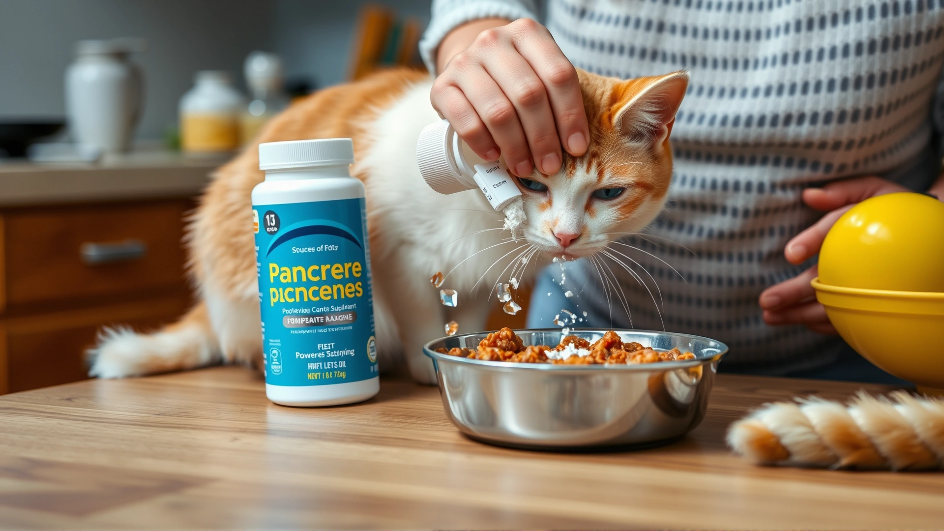 Photo of a cat owner mixing powdered pancreatic enzyme supplement into wet cat food on a kitchen counter.