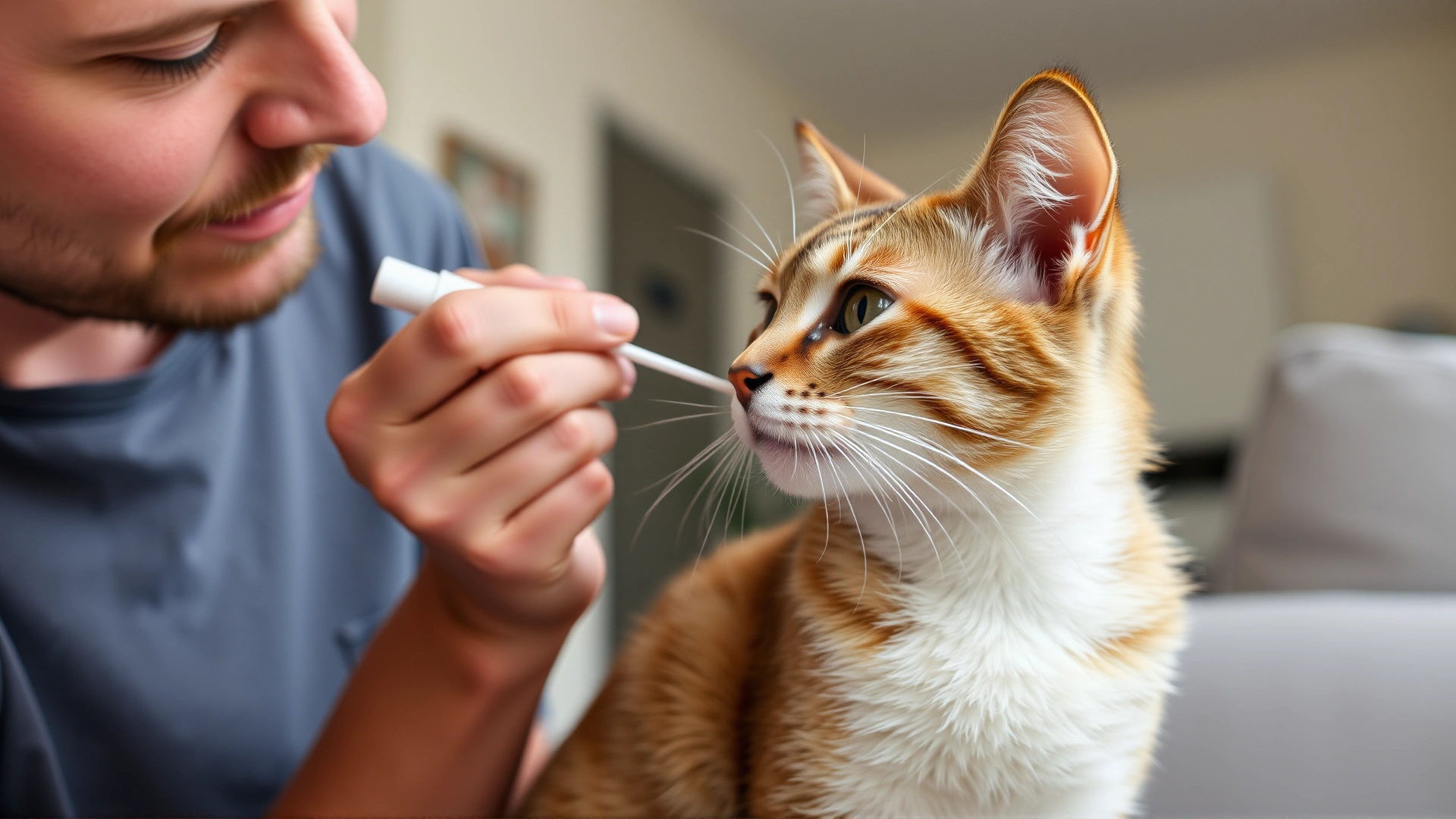 Owner applying topical medication to cat’s shaved skin patch with cotton swab, indoor home setting, natural lighting, no text.