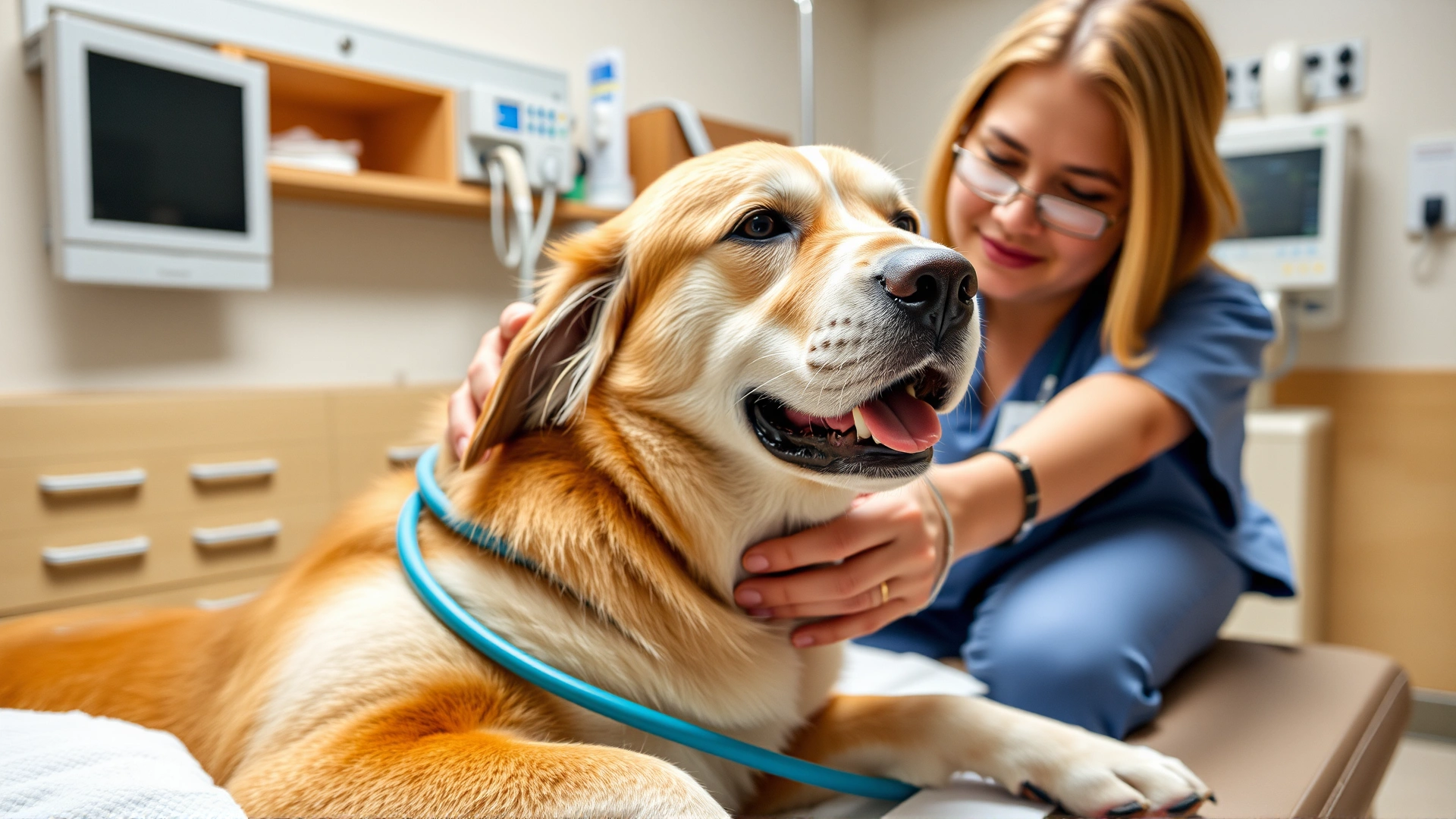 Dog receiving chemotherapy in a comfortable veterinary oncology ward, with a nurse gently comforting the dog and medical equipment in the background.