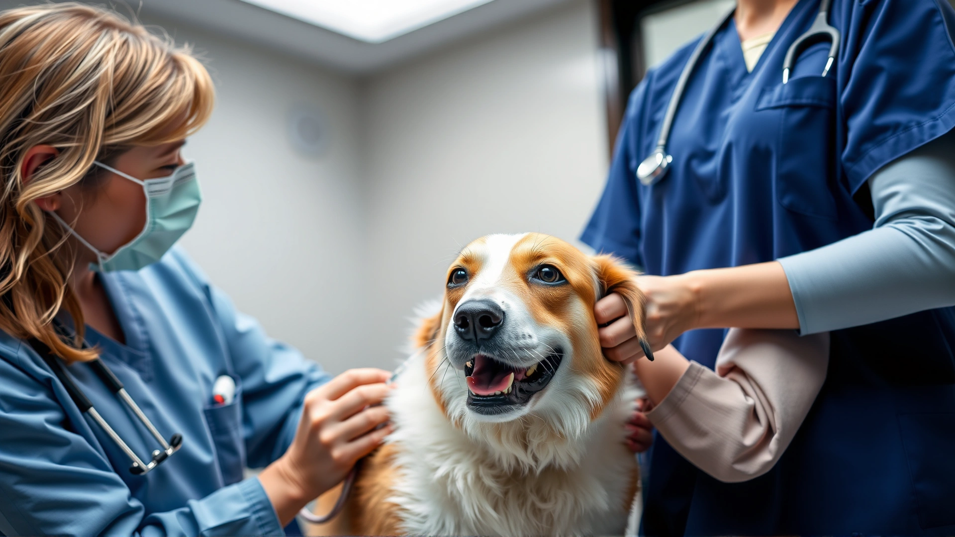 Veterinarian administering intravenous fluids to a dog via a catheter while a veterinary nurse holds the dog calmly, modern clinic background.