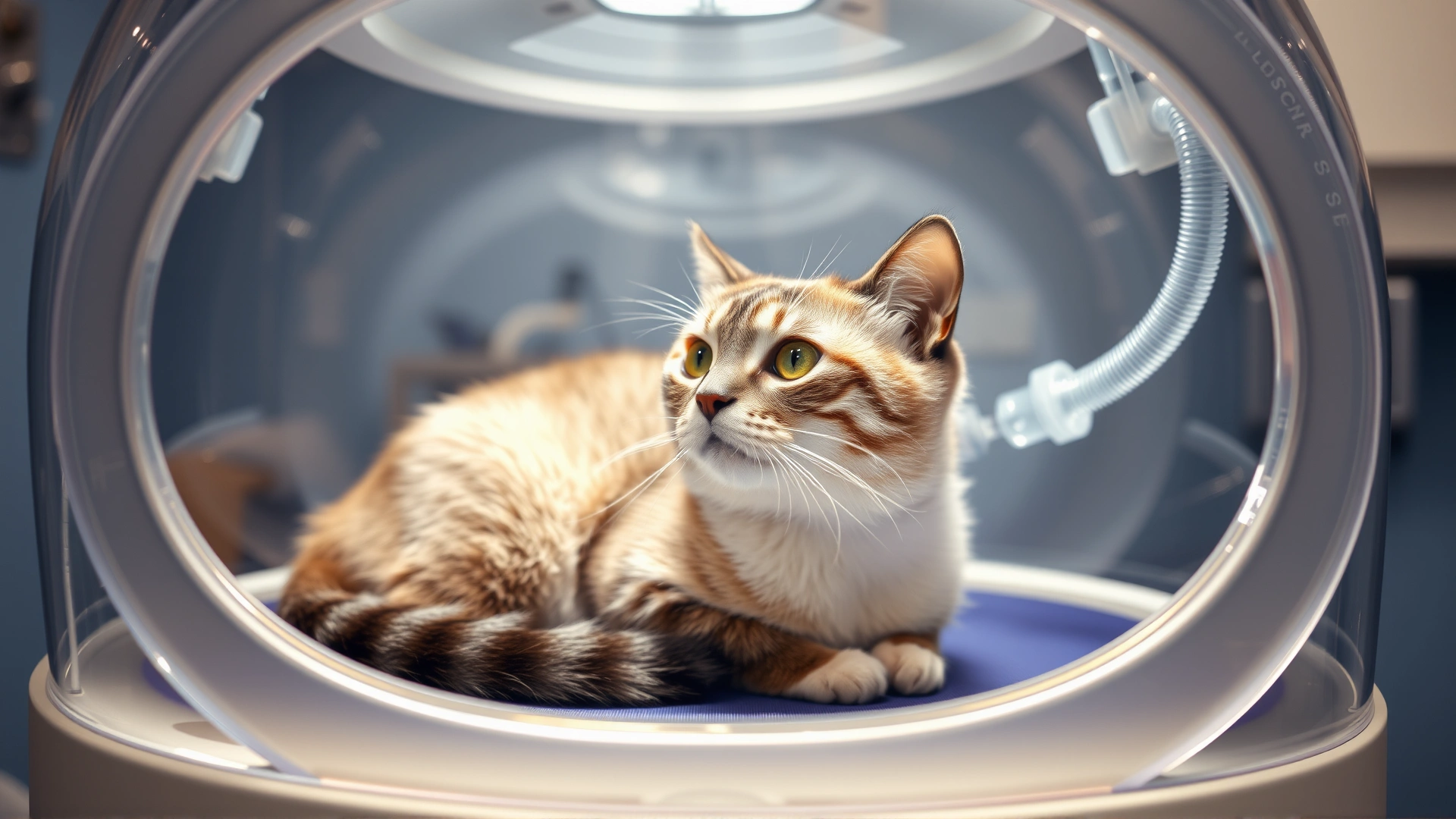 Image of a cat in an oxygen chamber at a veterinary clinic, clear acrylic chamber with oxygen hose attached