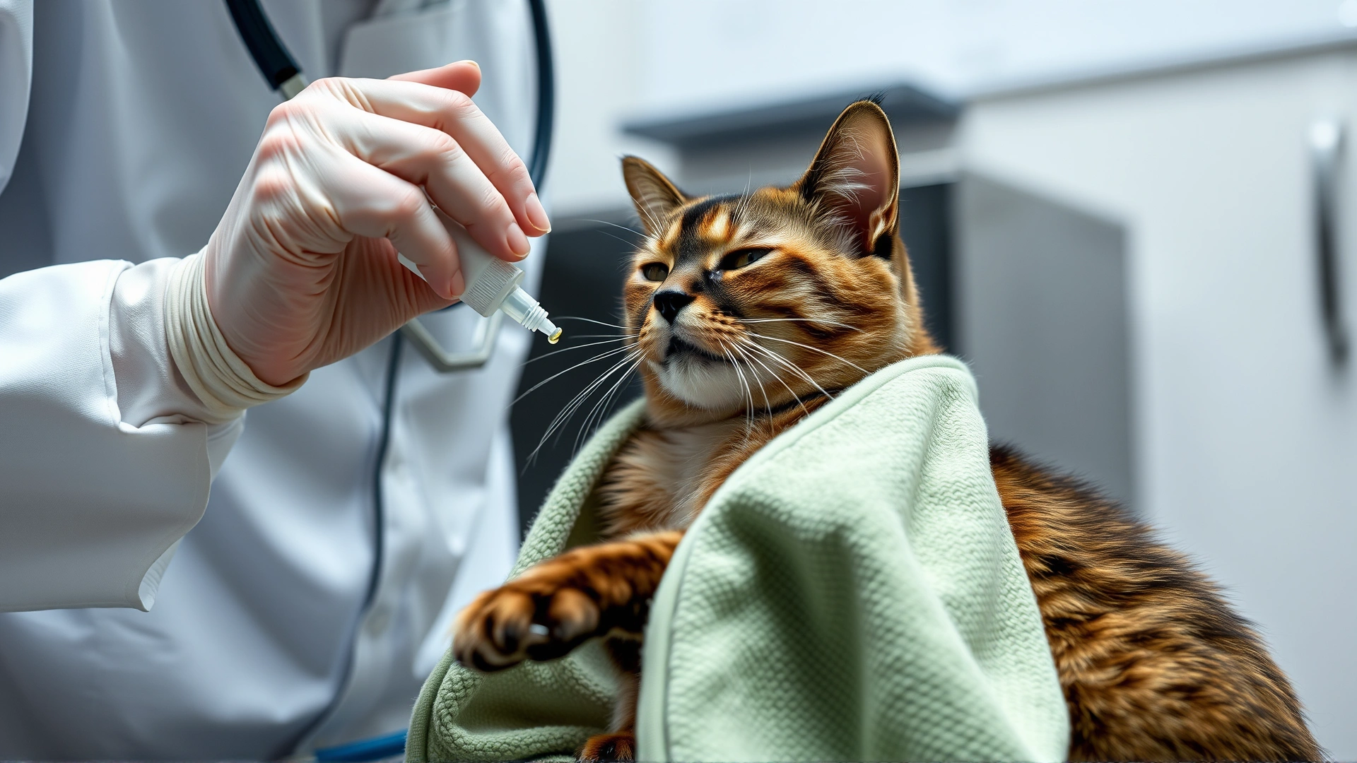 Veterinarian gently administering liquid medication to a calm cat wrapped in a towel inside an exam room