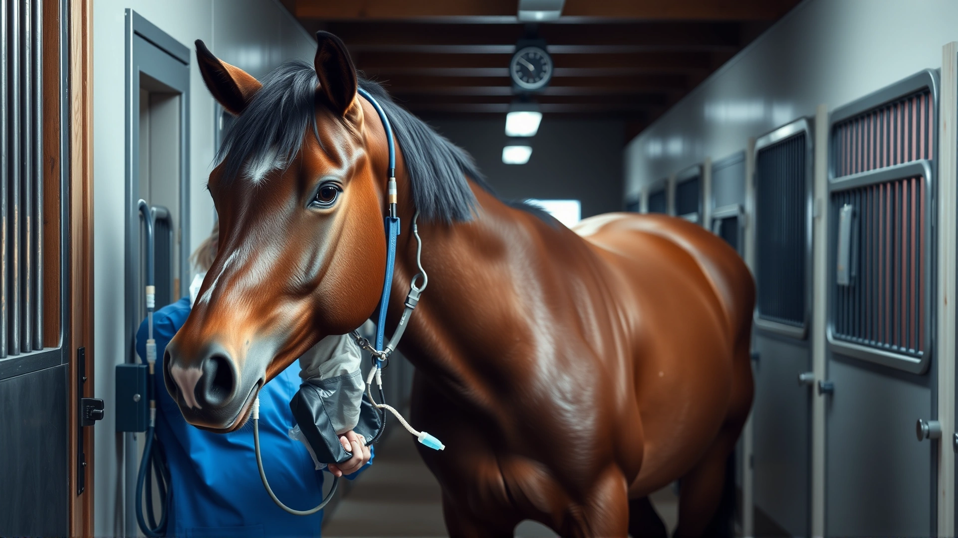 Horse standing calmly in a stable aisle receiving intravenous fluids through a catheter, caretakers nearby ensuring comfort