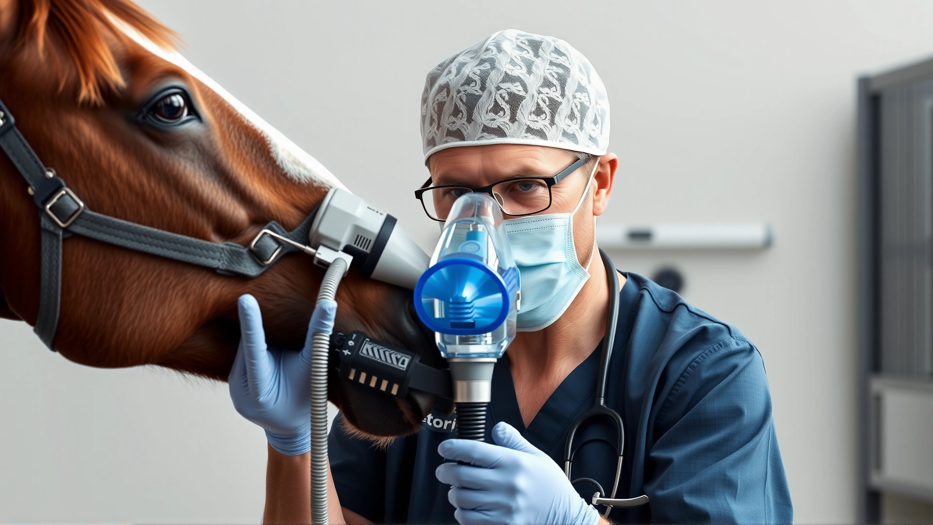 Veterinarian administering inhalation therapy to a horse using a nebulizer mask, showcasing modern treatment methods.