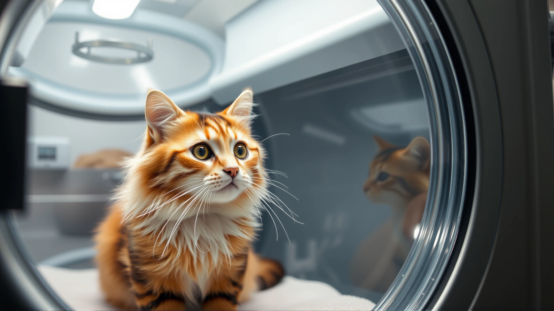 Cat inside an oxygen chamber at a veterinary clinic, clear walls and soft bedding visible.