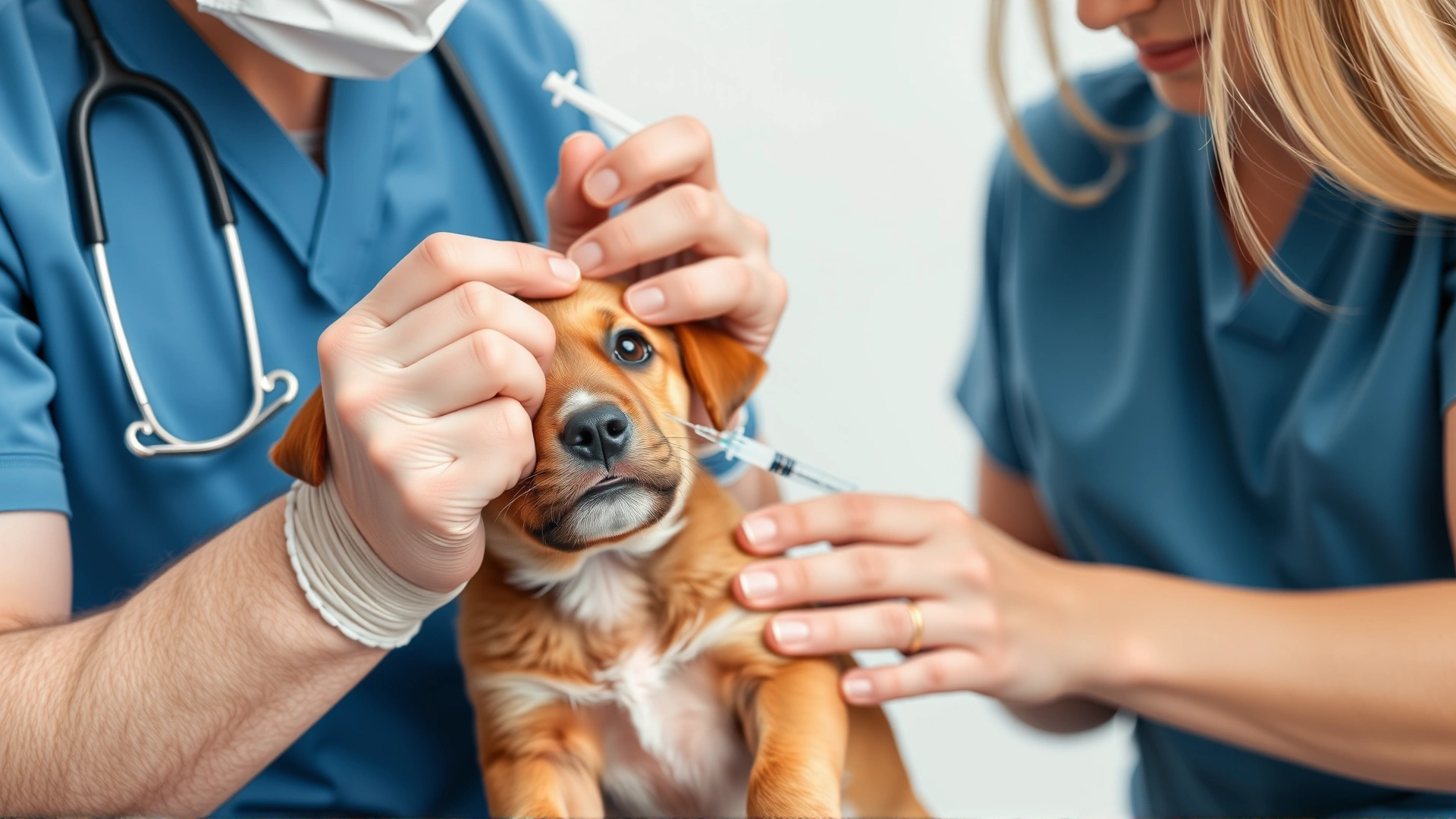 Photograph of a veterinarian administering oral medication to a puppy with a syringe while the owner gently holds the puppy.