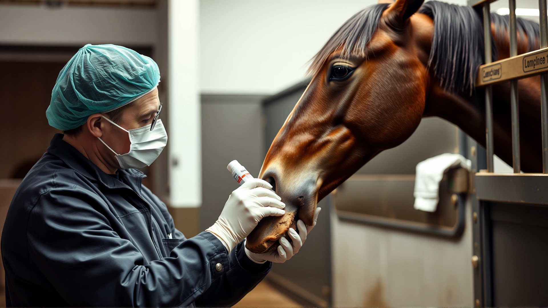 Equine veterinarian applying topical antifungal medication to a horse’s hoof inside a clean stable