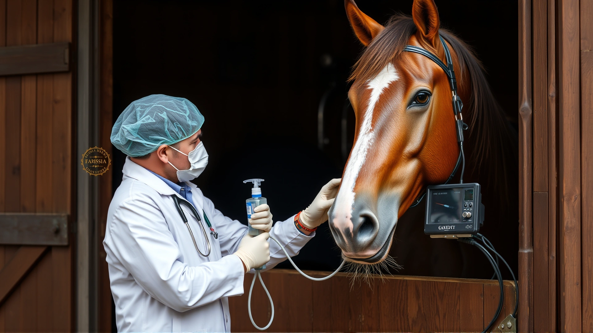 Stable scene showing a veterinarian administering IV fluids to a horse with an assistant monitoring the drip
