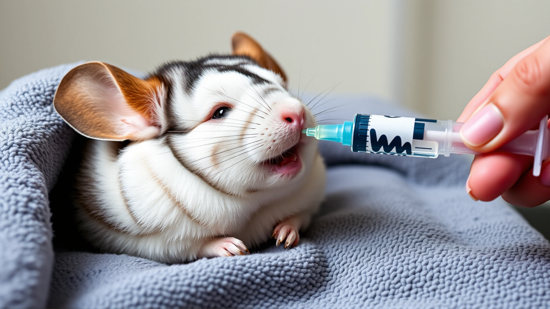 Chinchilla receiving oral medication from a syringe, resting on a soft towel, showing supportive treatment