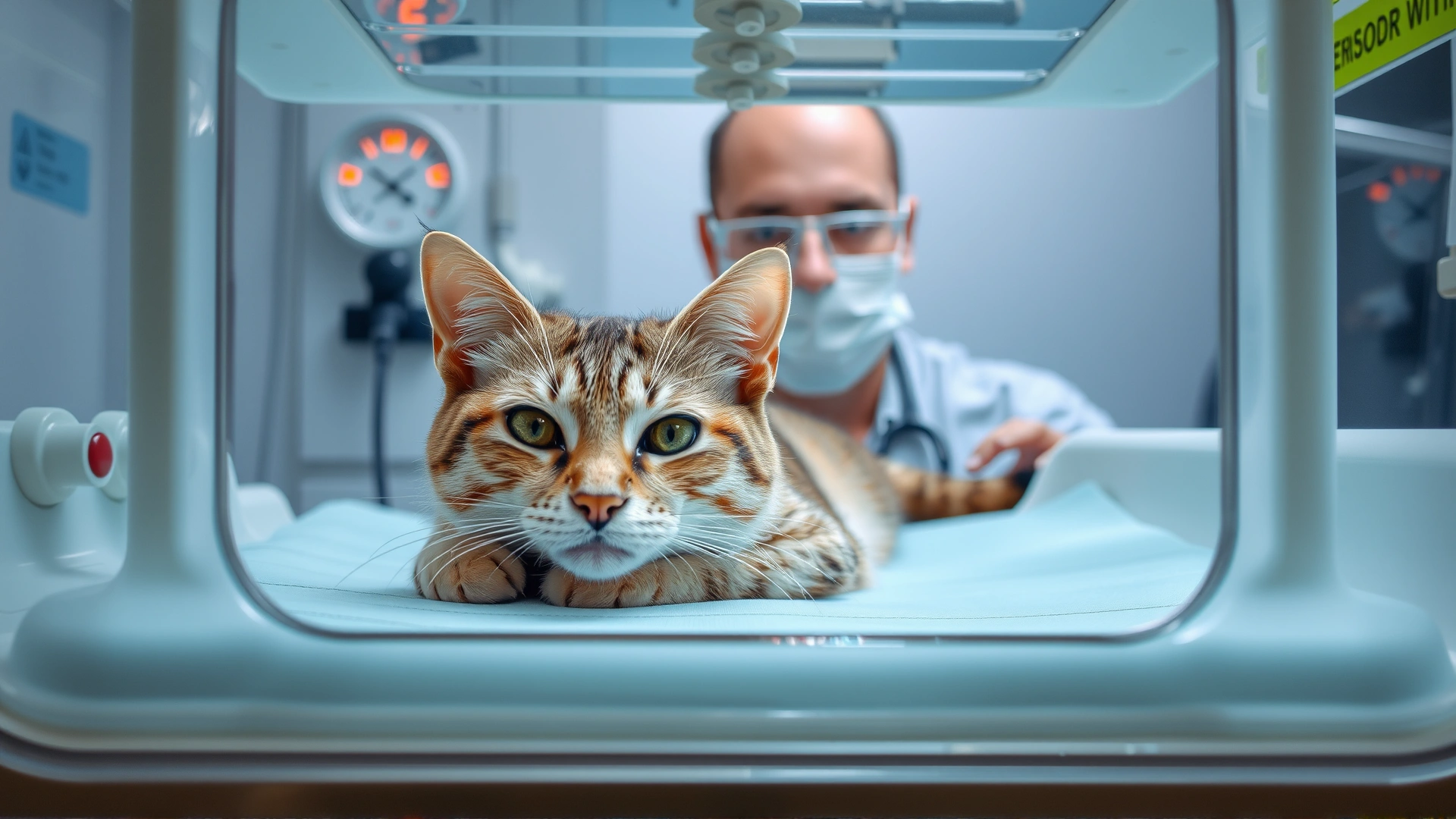Cat lying calmly inside an oxygen chamber while a vet monitors the gauges outside, clear view of the chamber and the attentive vet's face, clinical lighting, no text.