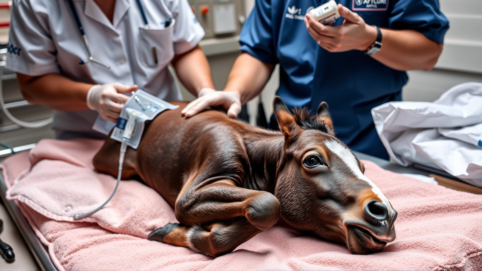 Foal lying on soft bedding receiving intravenous fluids with a caring vet and assistant monitoring vitals, focus on supportive care, no text.