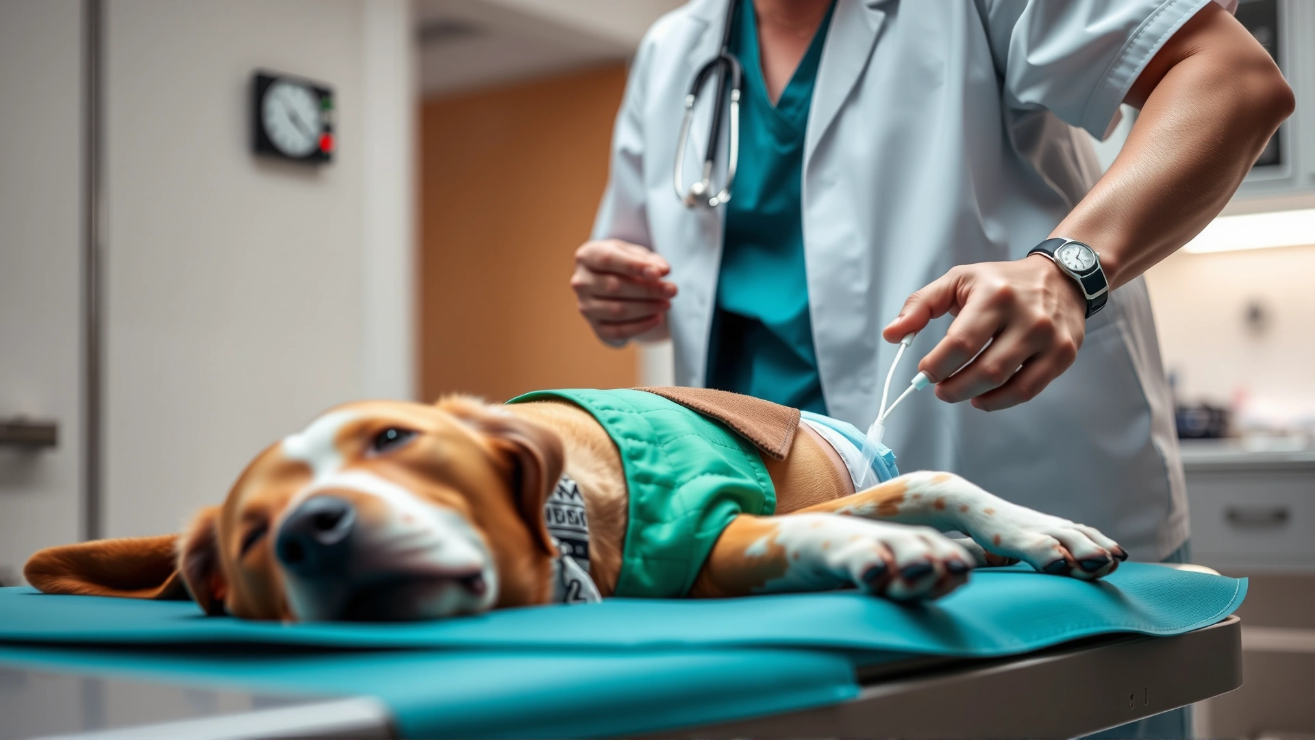 Veterinary nurse setting up an IV drip for a sedated dog lying on a hospital gurney, clinical environment, soft lighting.