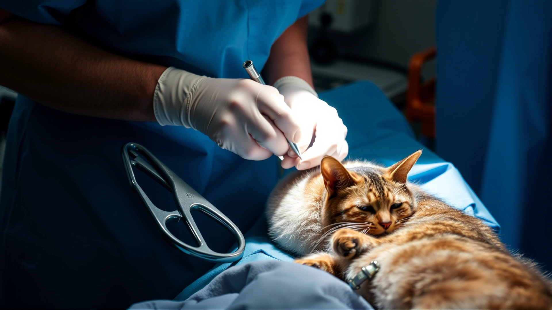 Surgical scene showing a veterinary surgeon in sterile attire preparing instruments next to an anesthetized cat (no text visible).
