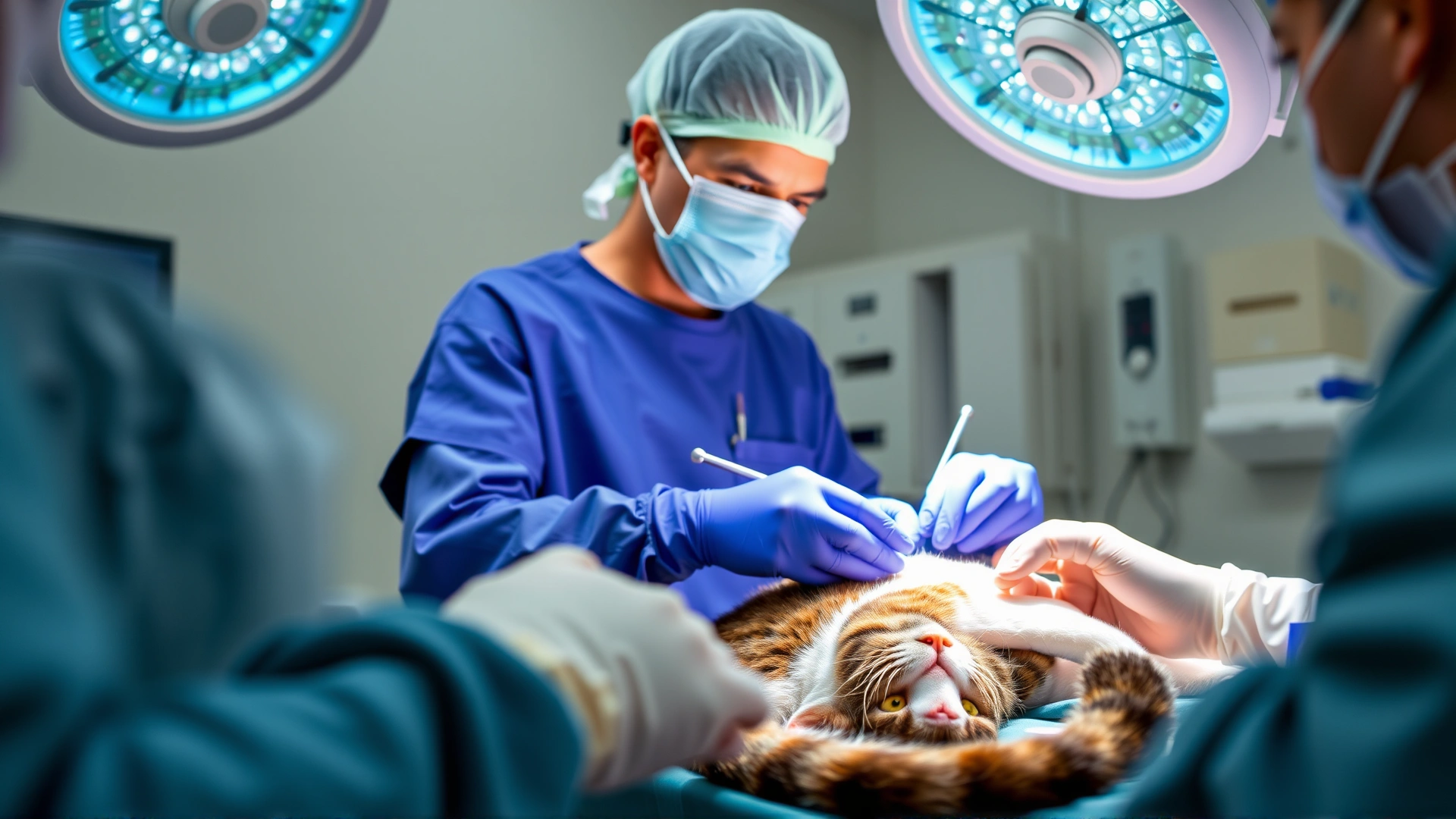Surgical scene with veterinary team in scrubs operating on a cat under anesthesia, operating table and sterile instruments visible