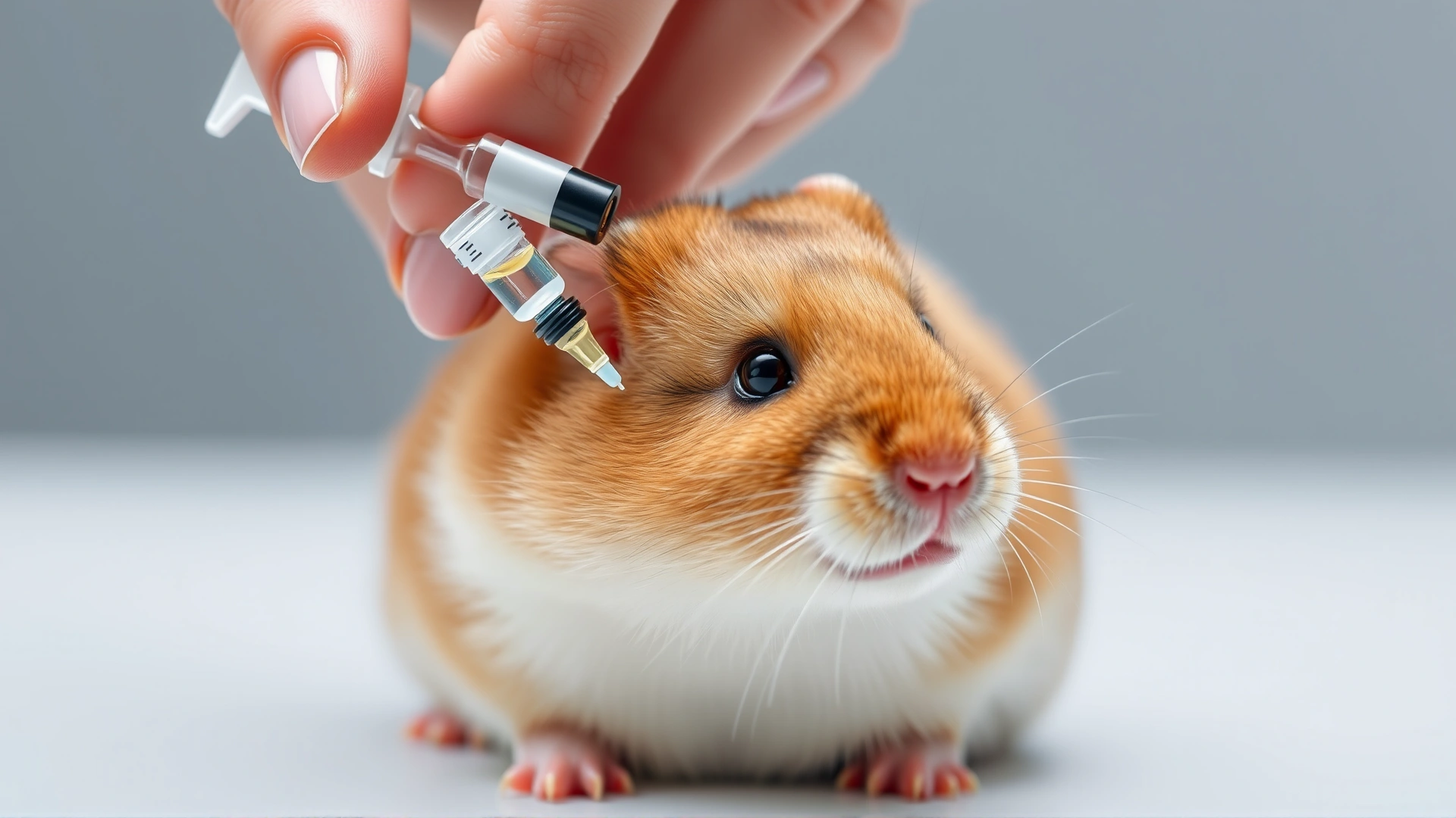 Hand holding a small oral syringe filled with liquid antibiotic near a calm hamster being treated.