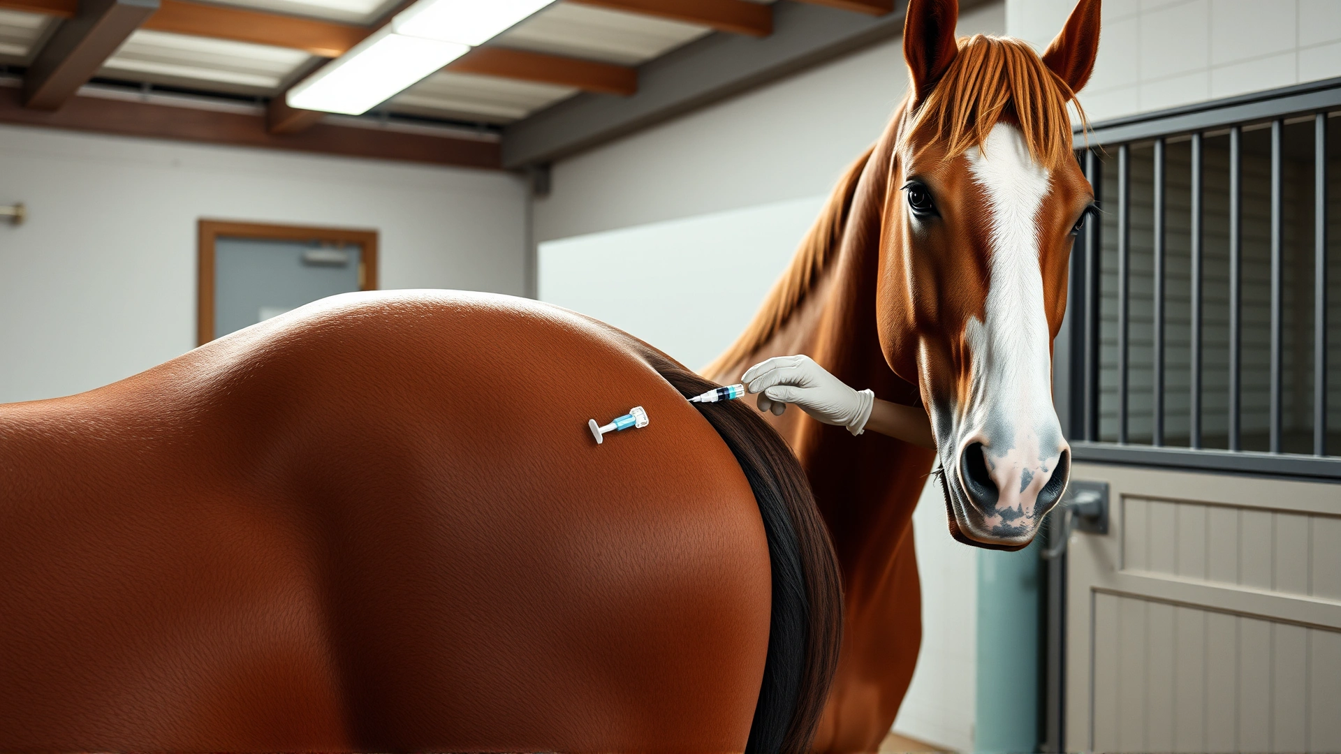 Equine veterinarian injecting medication into the hock joint of a sedated horse in a clean barn, realistic photo, no text