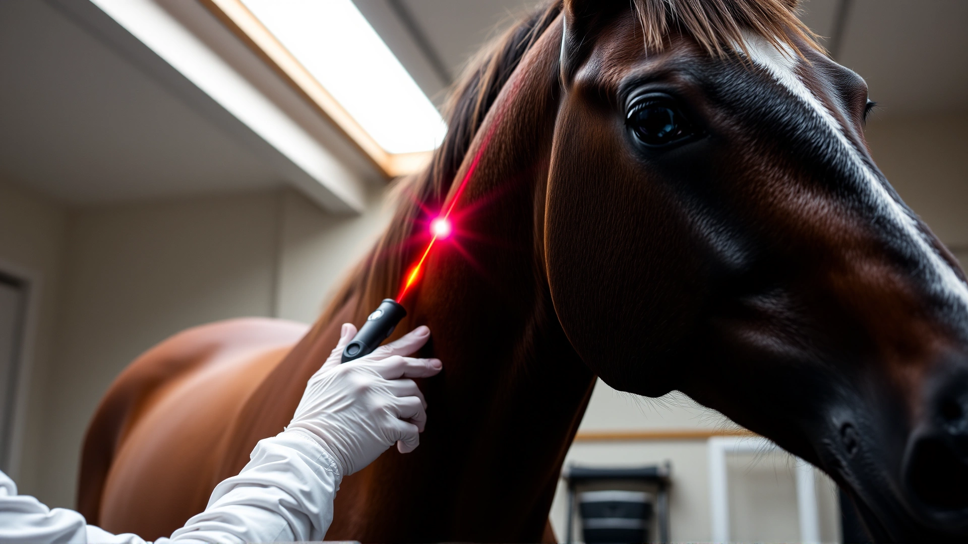 Horse receiving laser therapy on its shoulder from an equine therapist, showing modern rehabilitation techniques, indoor clinic setting.