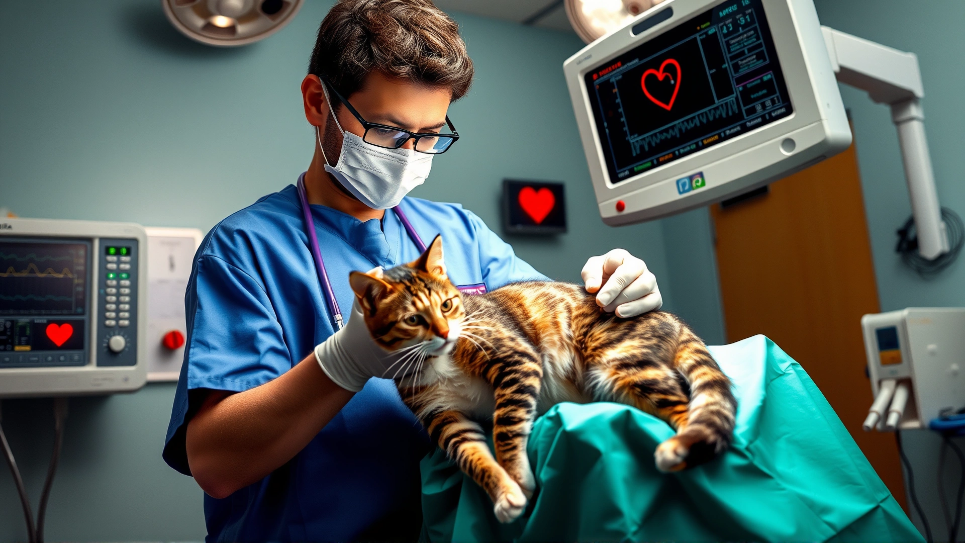 Veterinarian in surgical scrubs preparing a cat for thoracic surgery; heart monitor and sterile instruments visible.