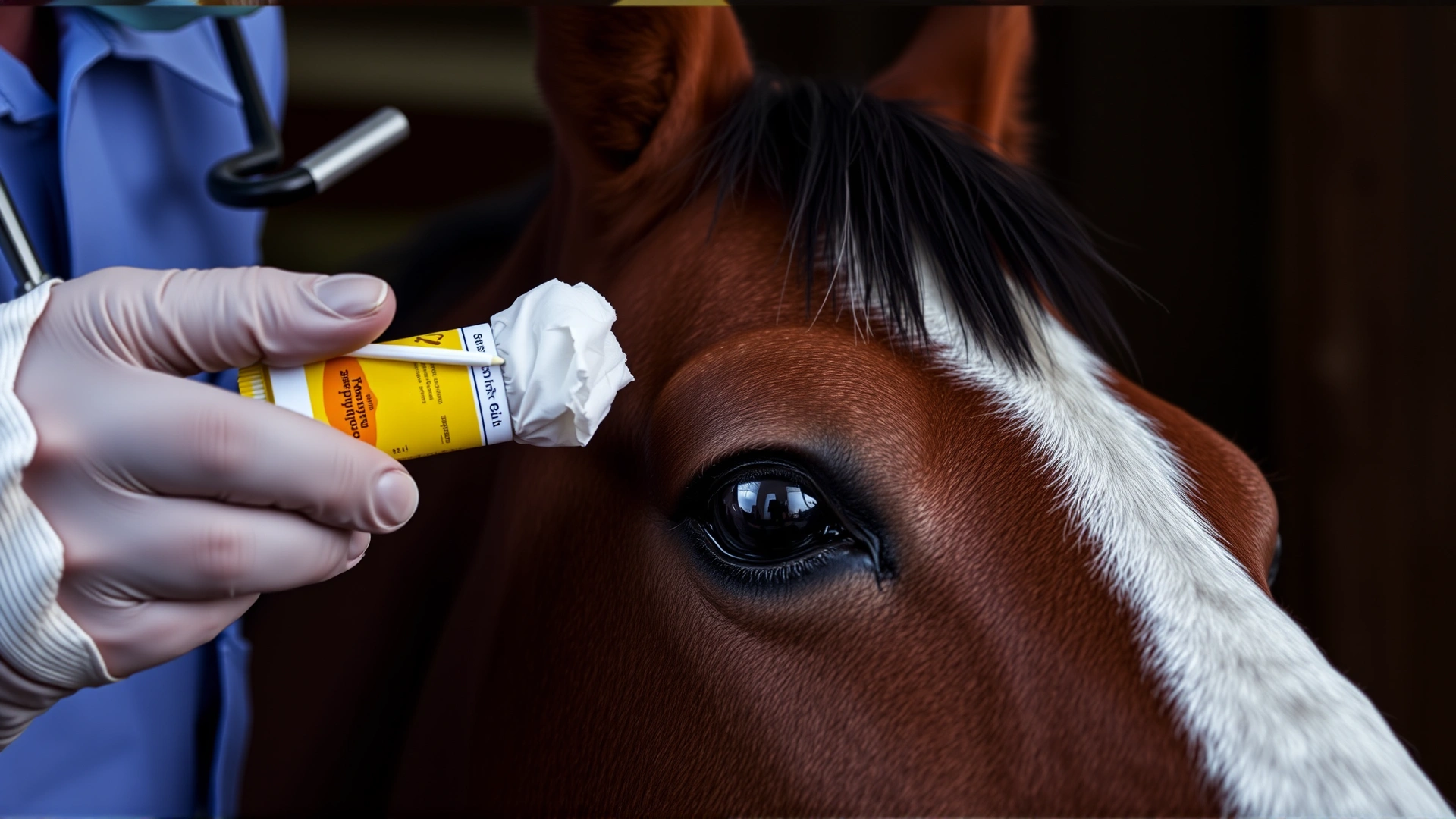 Veterinarian applying topical ointment to a horse's wart with a cotton swab, stable background, close-up.