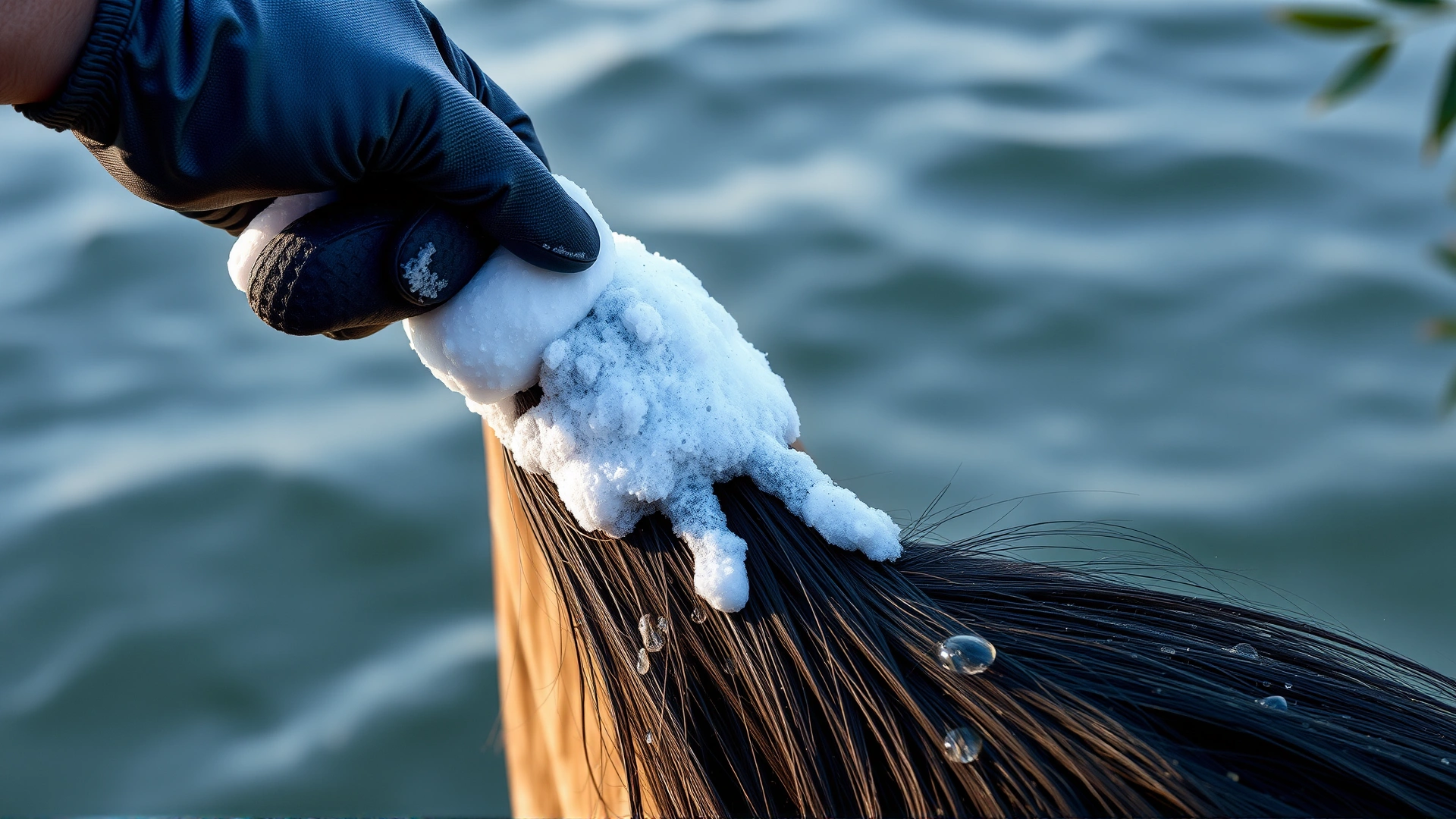 Hand wearing glove applying medicated shampoo foam to horse tail dock with water droplets