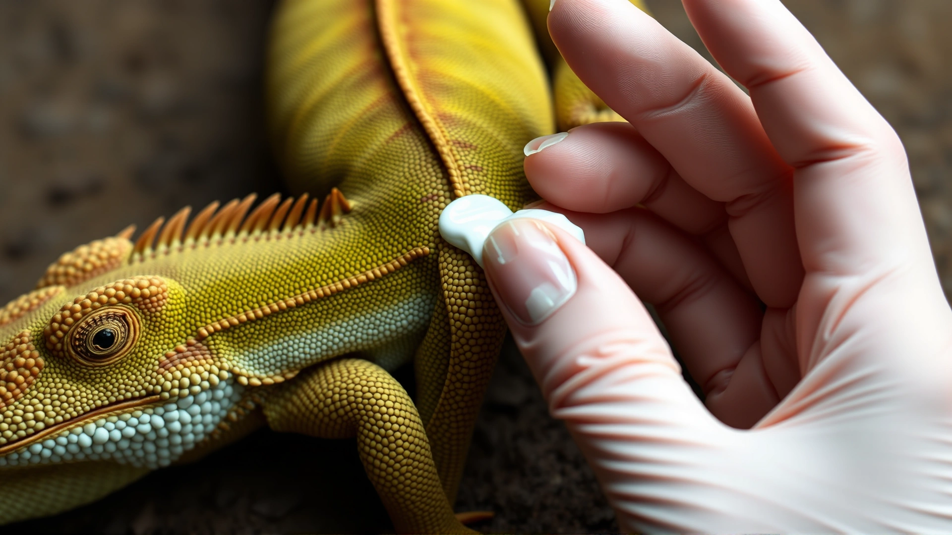 Hand applying antifungal cream to a lizard's tail with visible gloves, focus on treatment application.