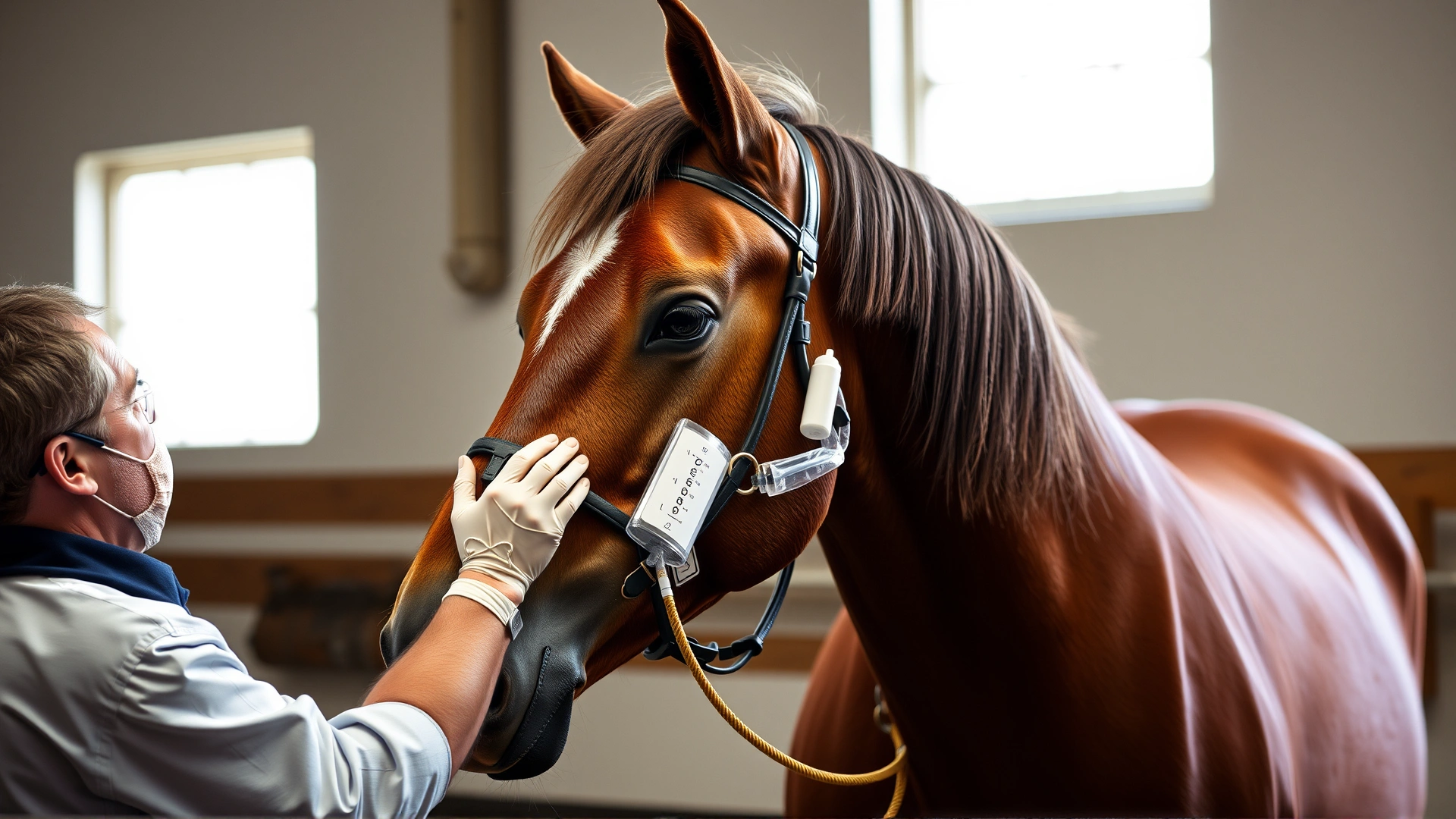 A veterinarian administering an IV infusion to a calm chestnut horse while an assistant holds the lead rope