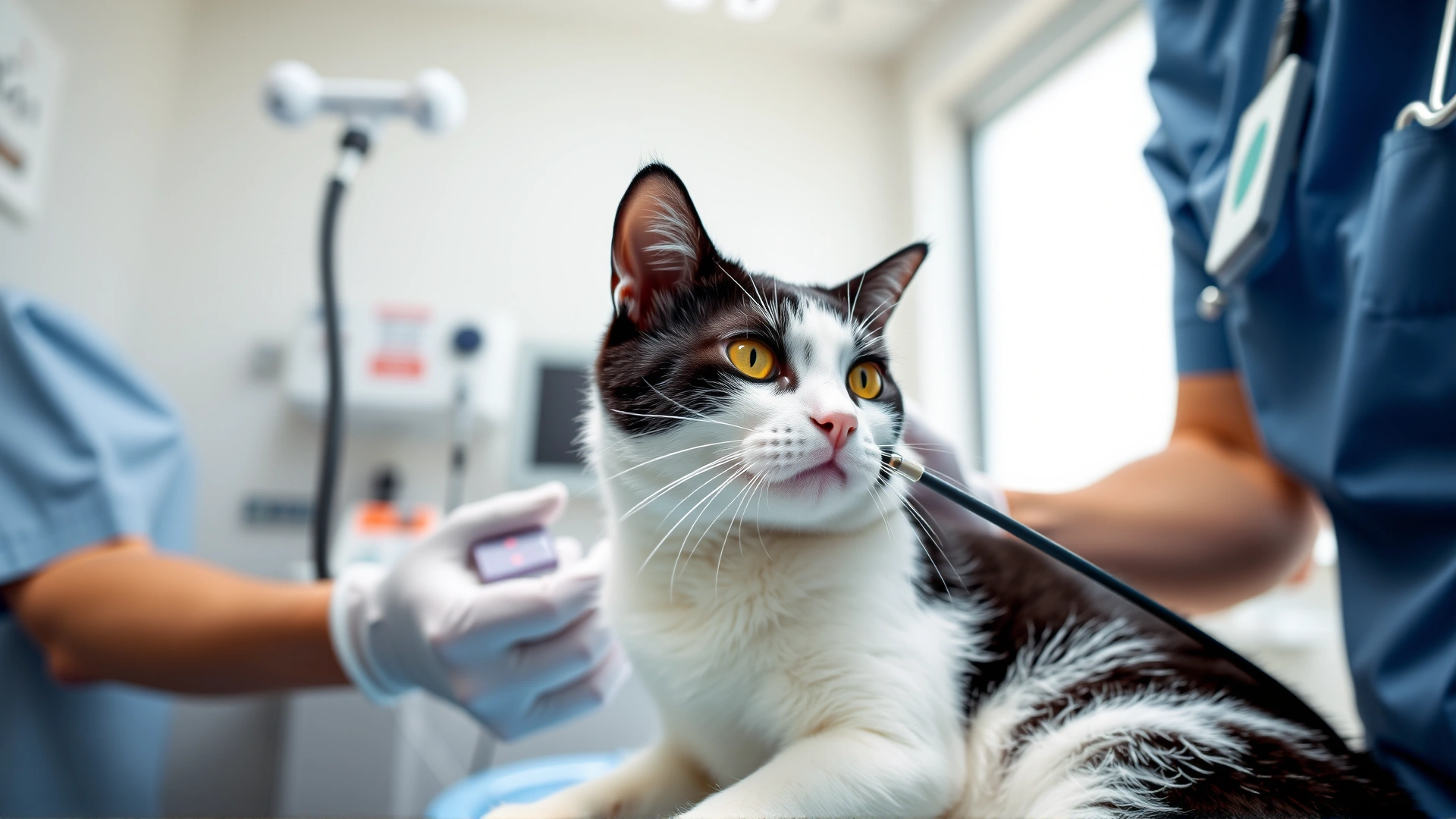 Veterinarian in scrubs administering IV fluids to a black-and-white cat inside a modern animal hospital, focus on the catheter and medical equipment.