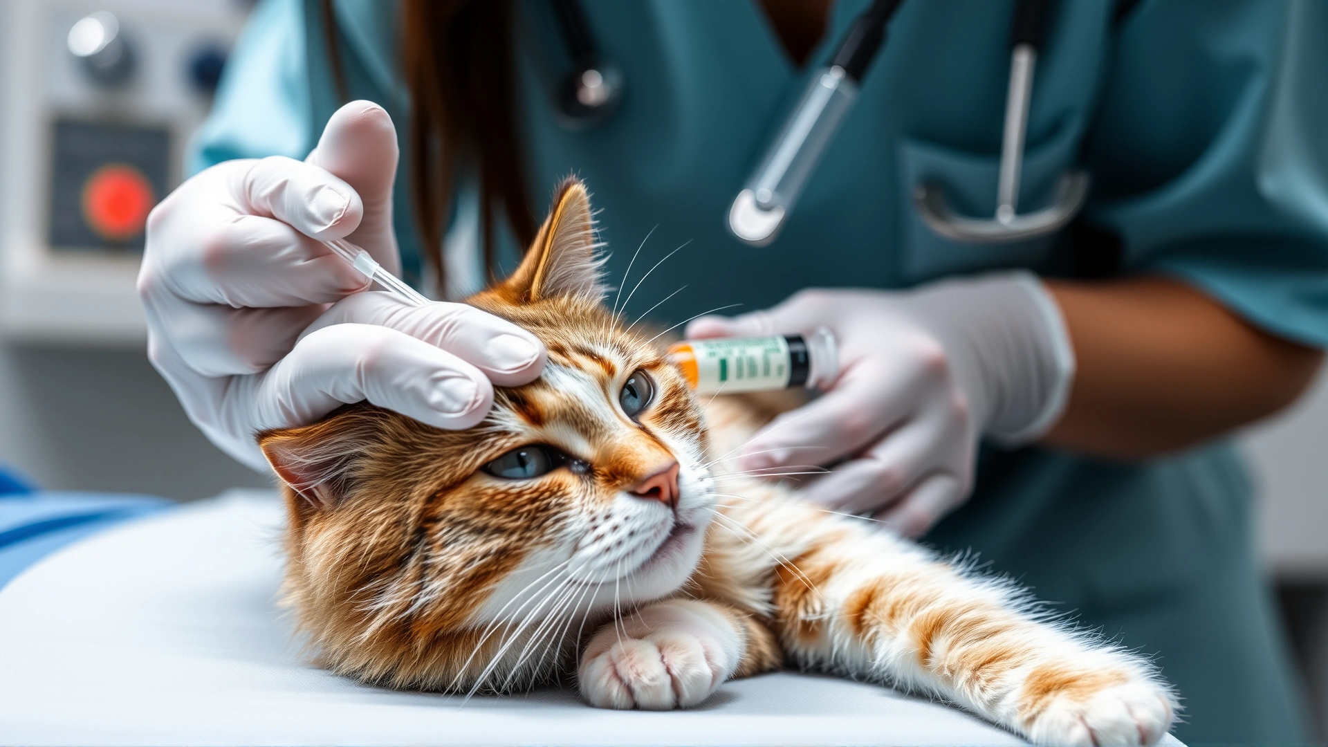 Veterinarian administering subcutaneous fluids to a calm cat in a clinic, close-up, professional setting.