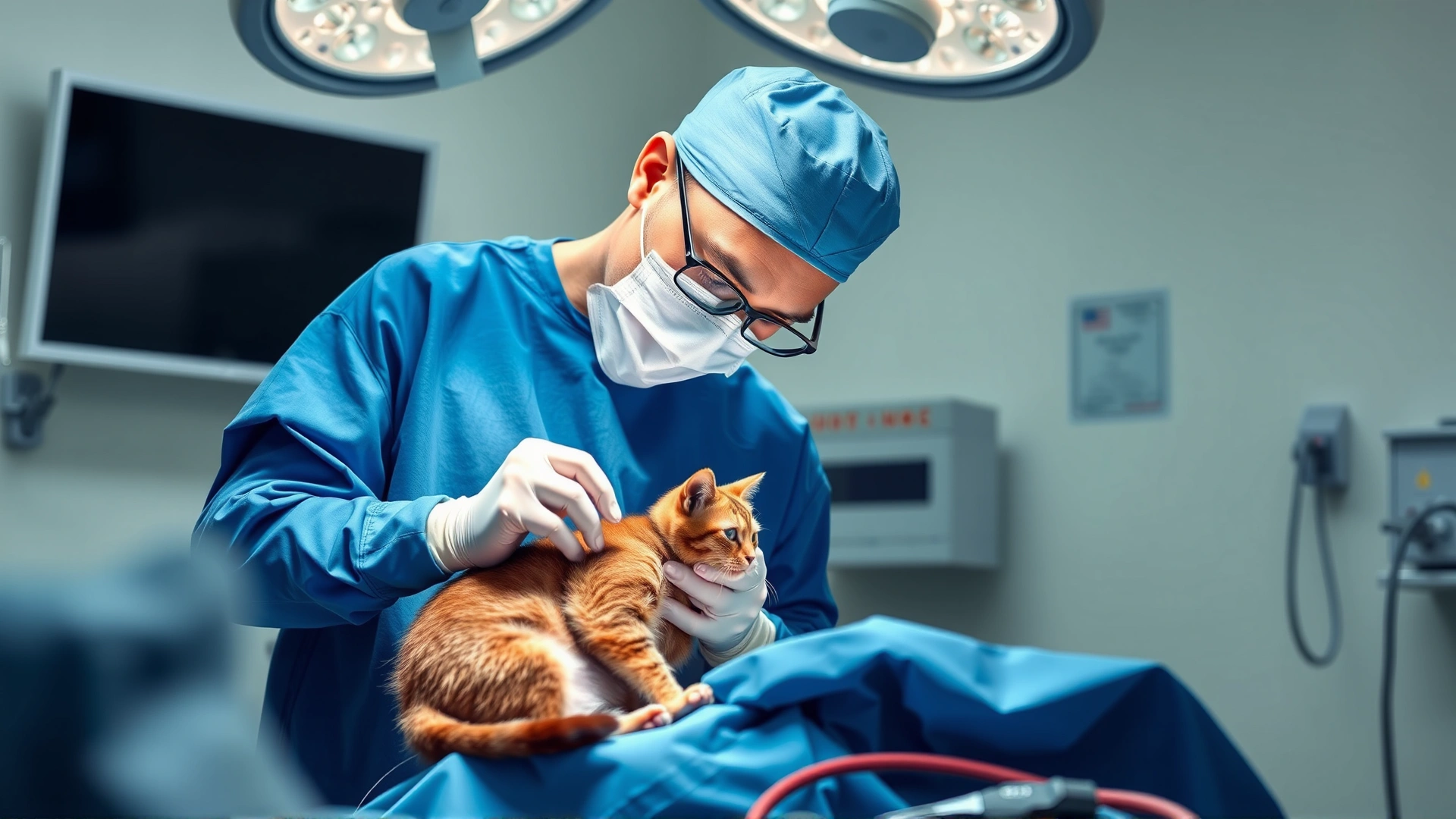 Surgeon in sterile blue scrubs operating on a cat's abdomen in a veterinary operating room, surgical instruments visible, no text