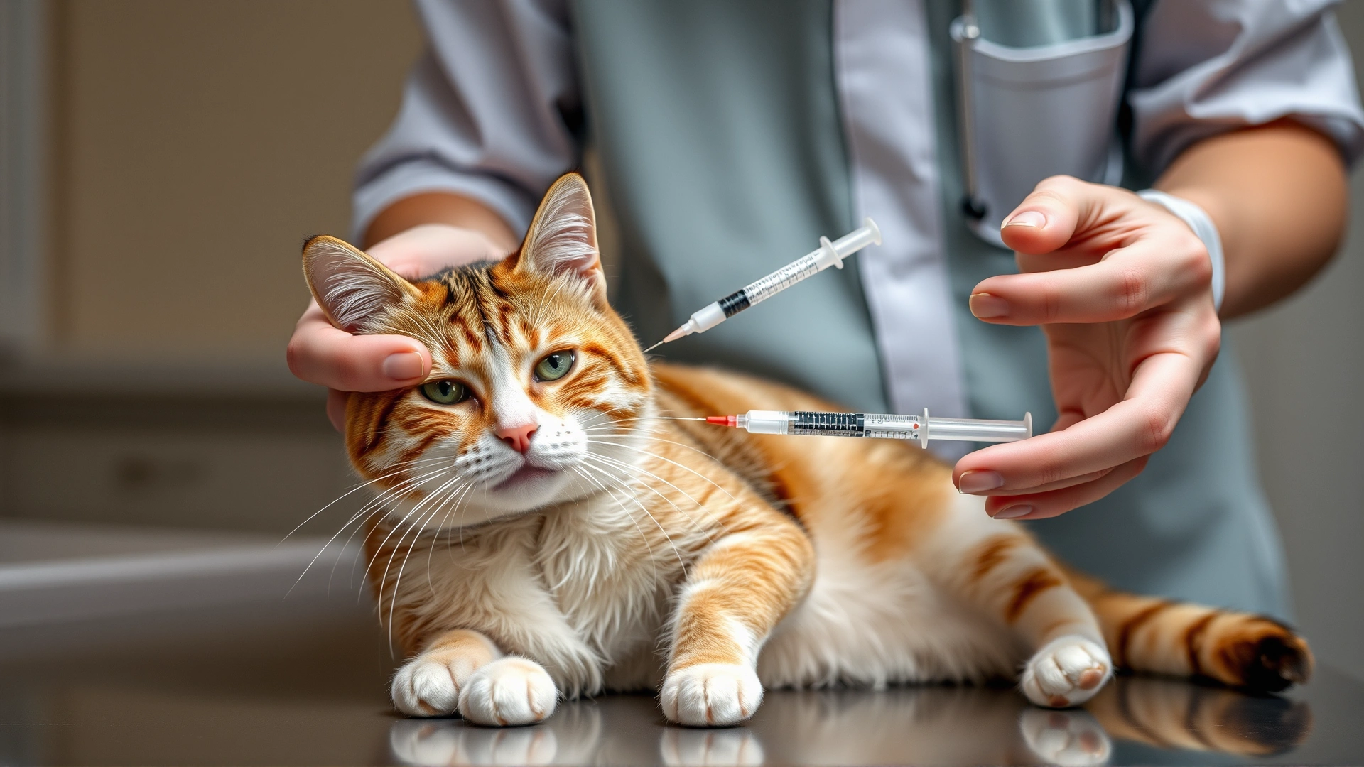 Veterinarian administering a subcutaneous injection to a calm cat on an examination table, focus on syringe and cat