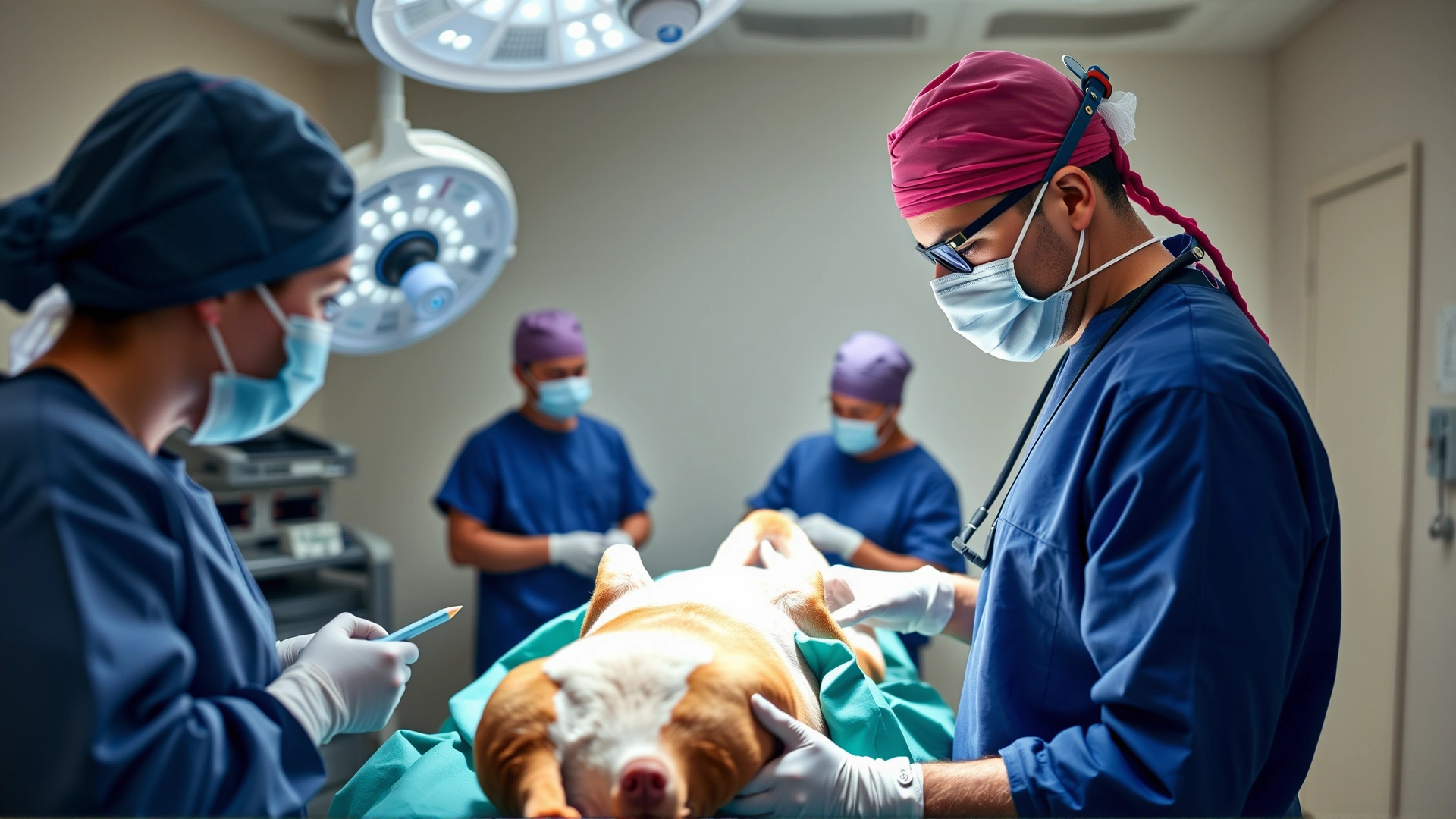Surgeon in scrubs performing thoracic surgery on a dog in a sterile operating room, focus on the surgical field with assistants nearby. Professional lighting, no text.