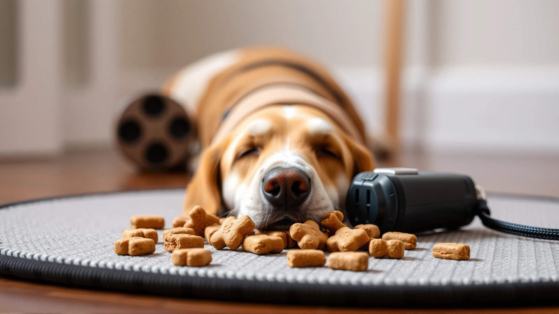 Small high-value dog treats scattered next to a clicker on a training mat, soft focus