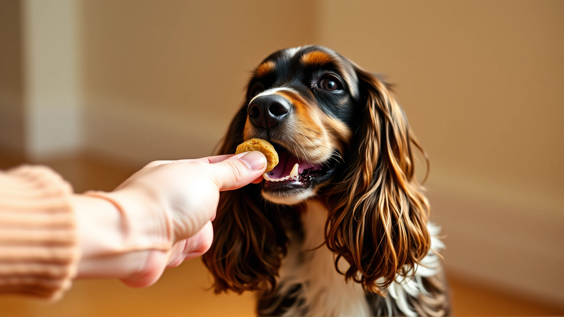 Hand offering a small treat to a joyful Cocker Spaniel after performing a command. Bright, warm lighting, focus on dog and treat.