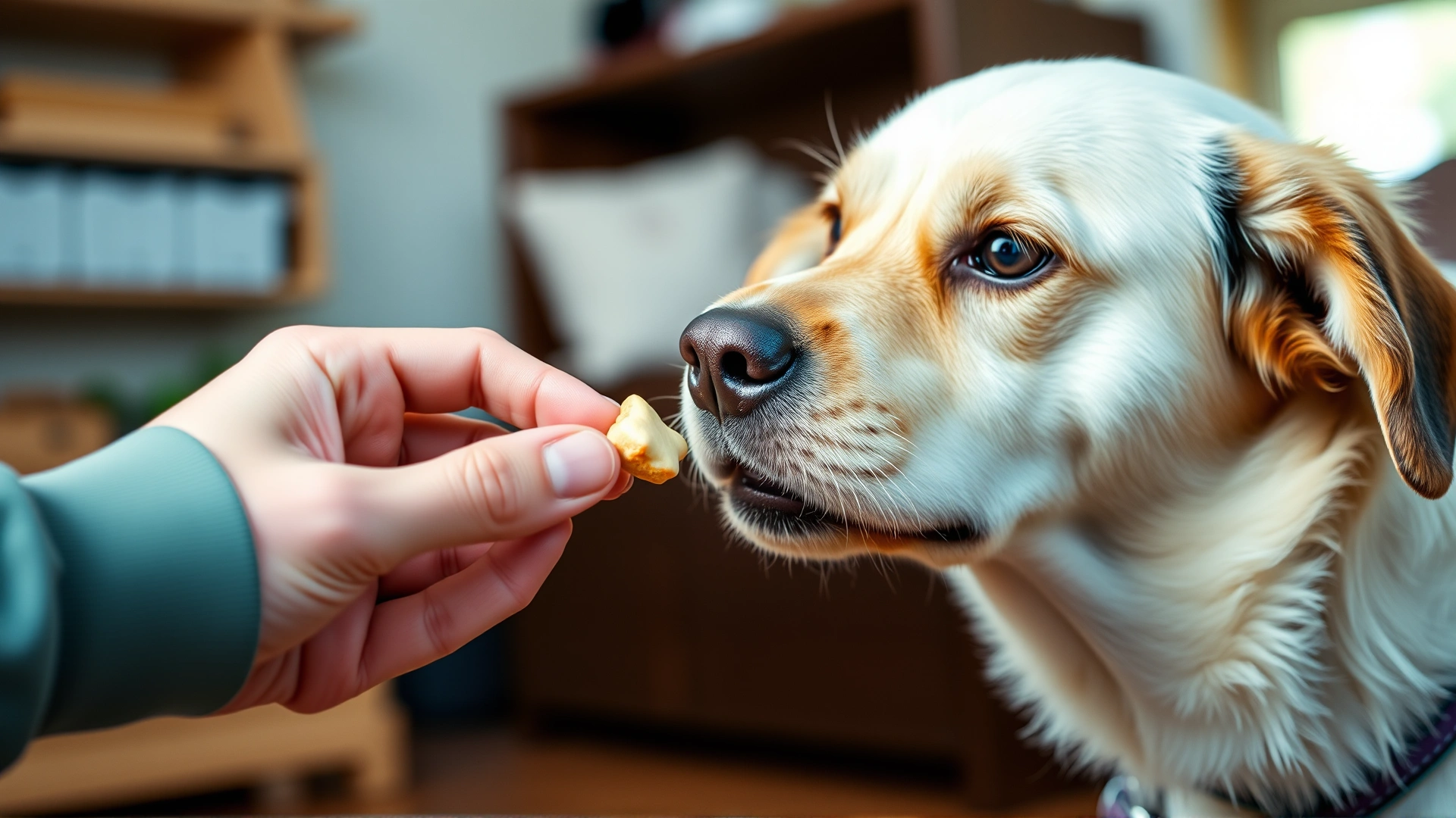 Close-up of a trainer’s hand offering small, tasty treats to a focused dog indoors, highlighting positive reinforcement.